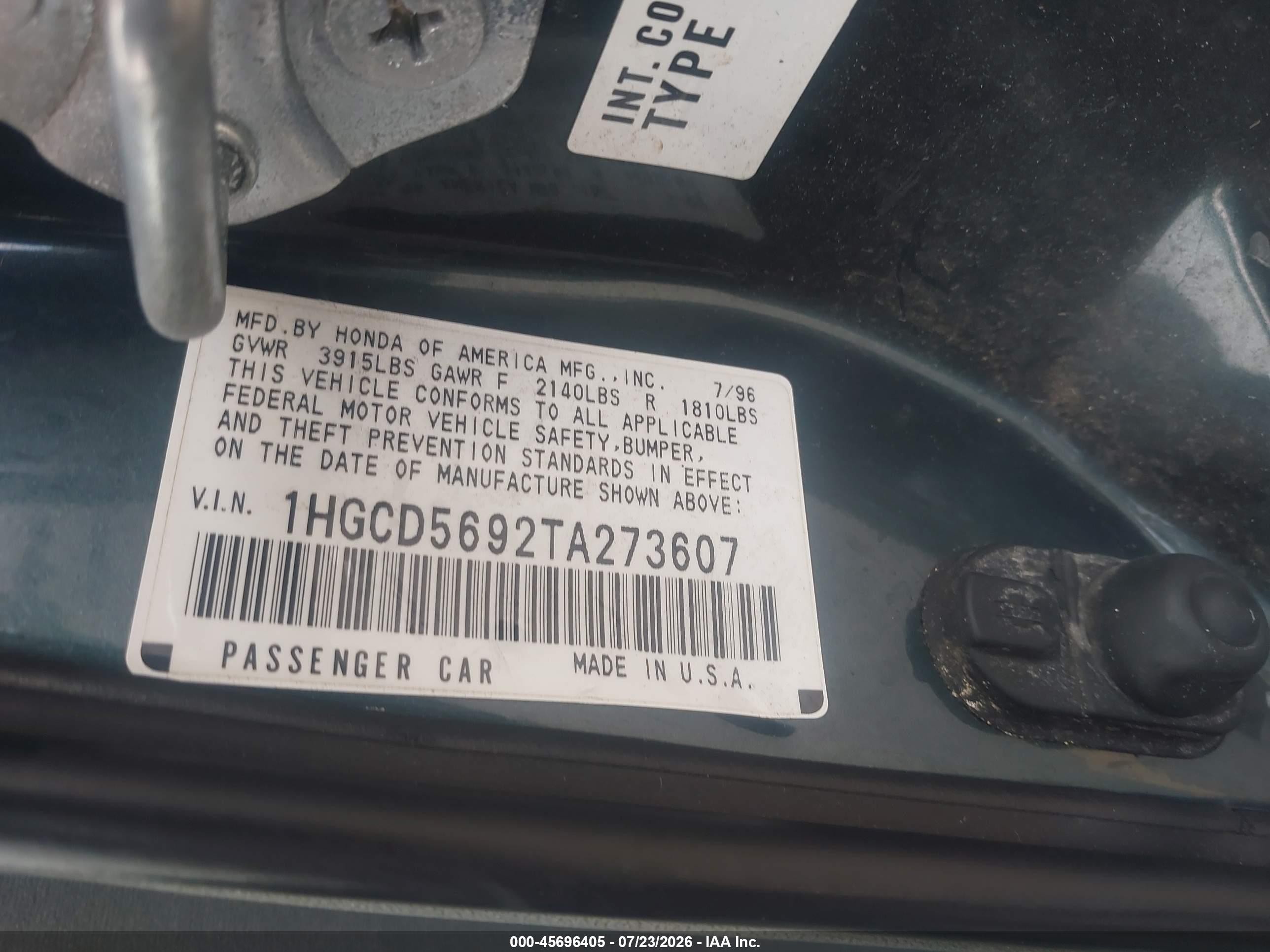 1996 Honda Accord Value Green vin: 1HGCD5692TA273607
