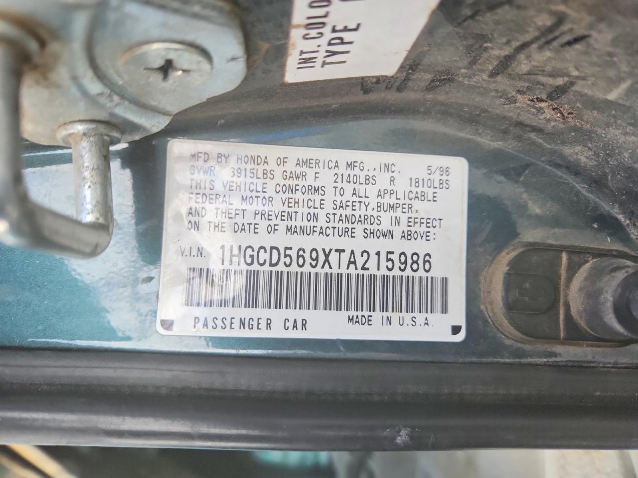 1996 Honda Accord Value Gray vin: 1HGCD569XTA215986