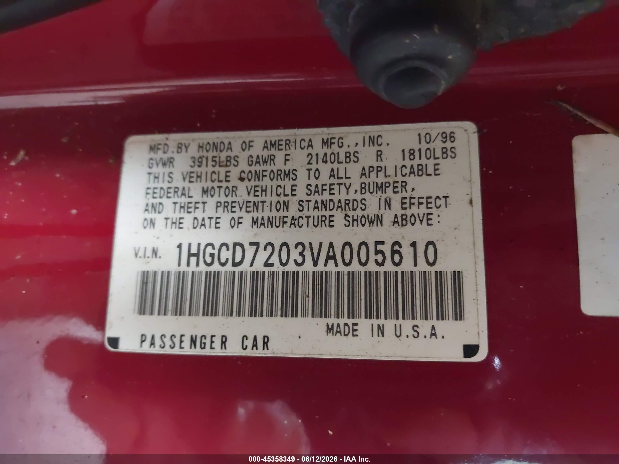1997 Honda Accord Se Red vin: 1HGCD7203VA005610