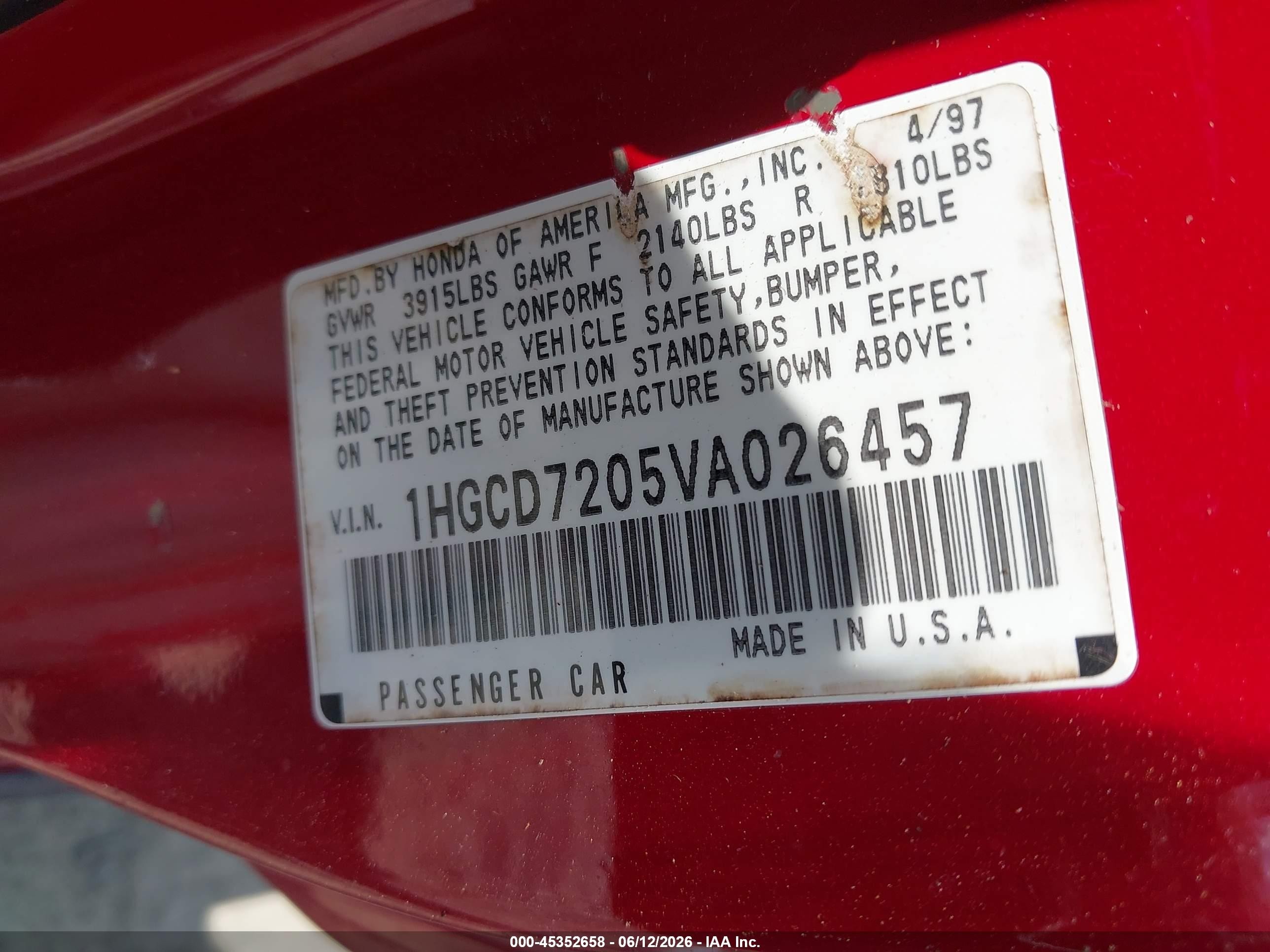1997 Honda Accord Se Red vin: 1HGCD7205VA026457