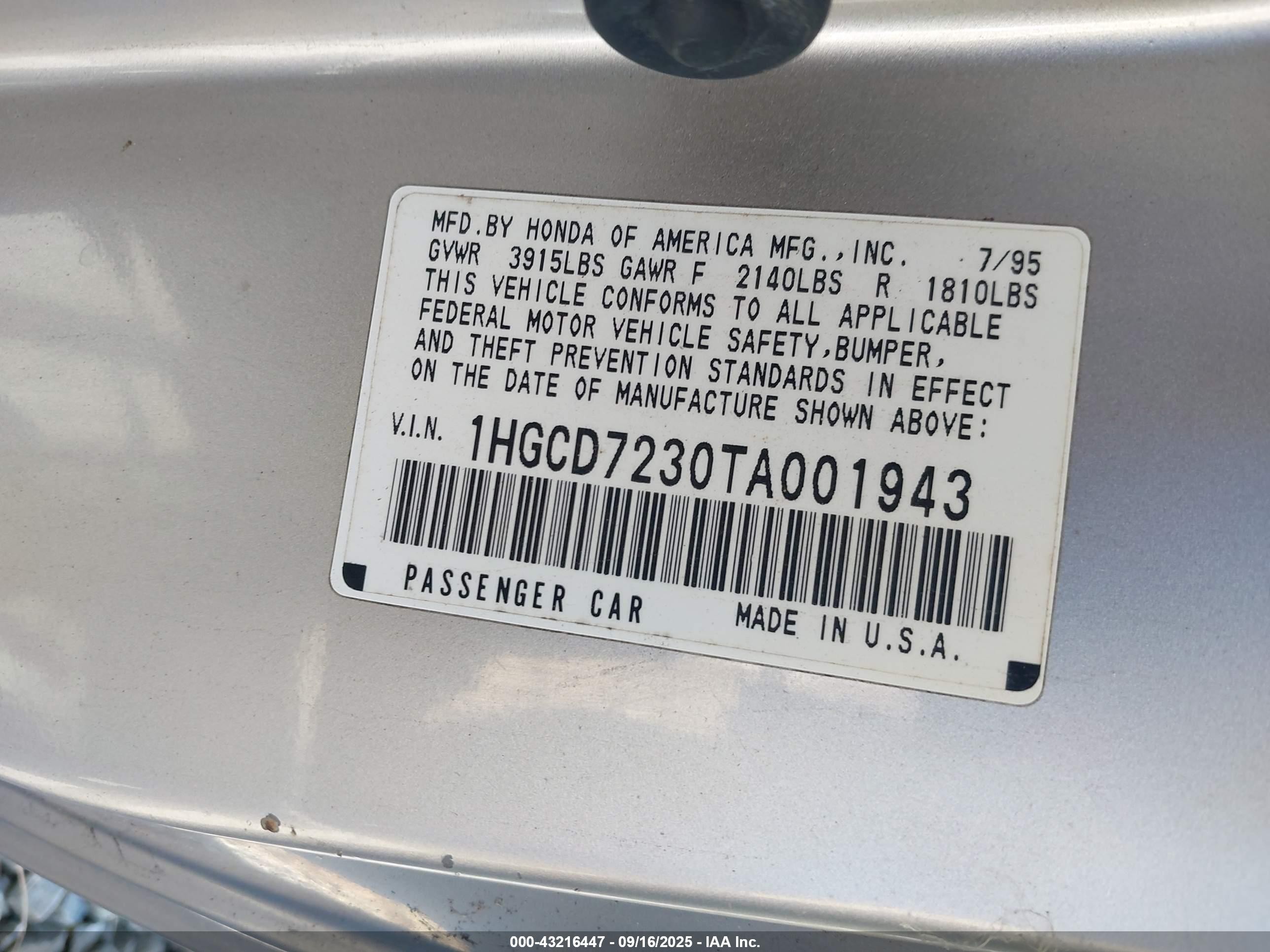 1996 Honda Accord Lx Silver vin: 1HGCD7230TA001943