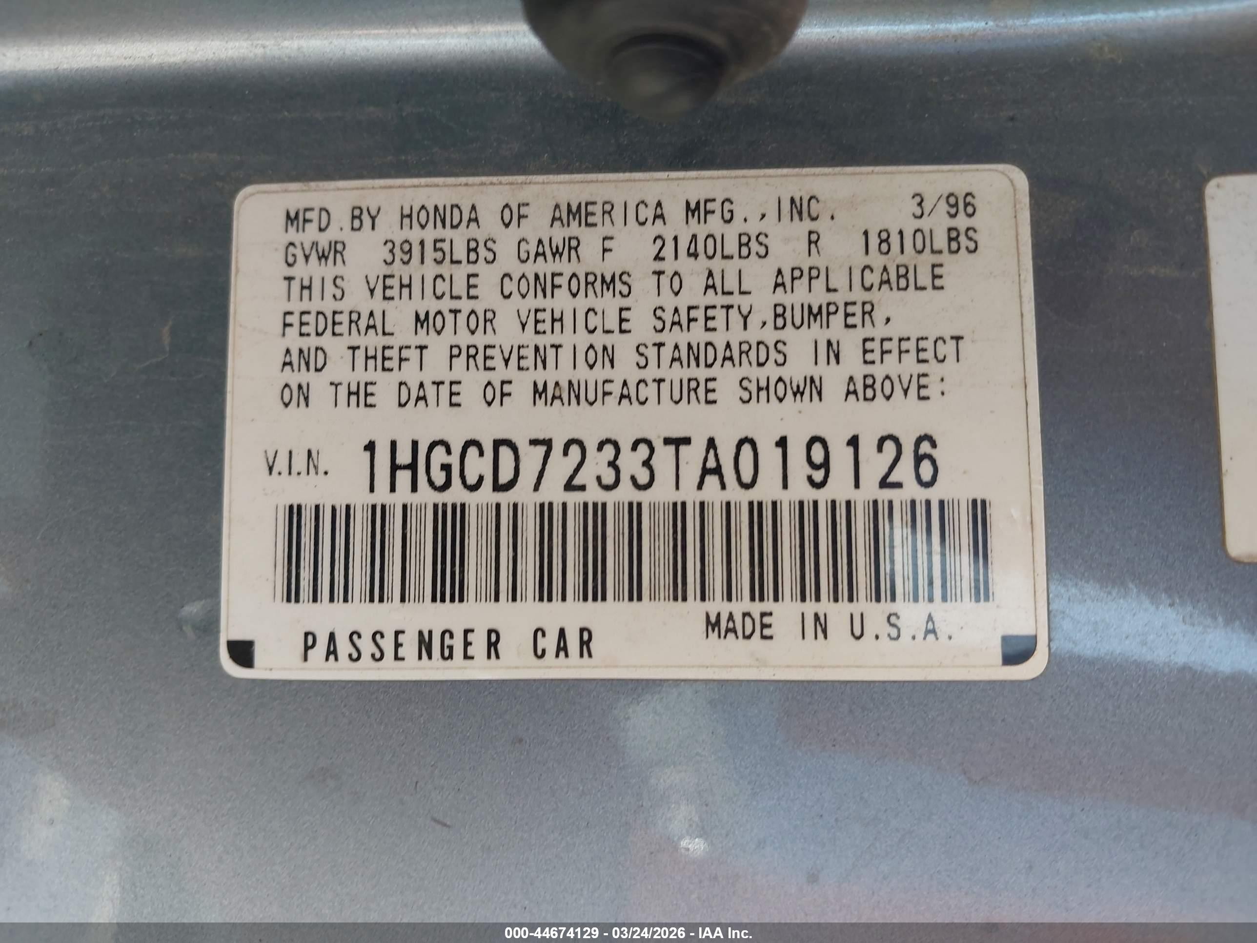 1996 Honda Accord Lx Gray vin: 1HGCD7233TA019126