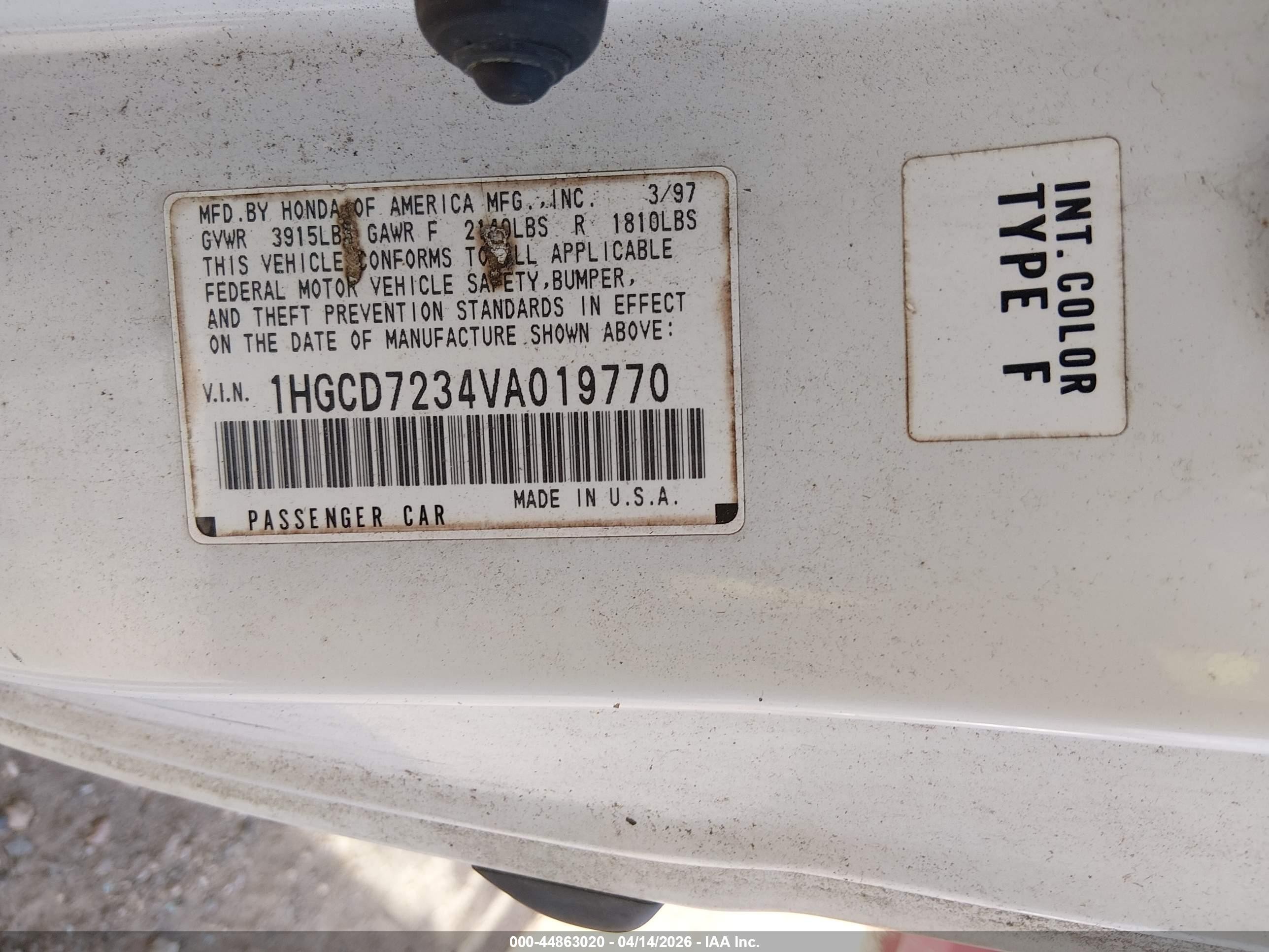 1997 Honda Accord Lx White vin: 1HGCD7234VA019770