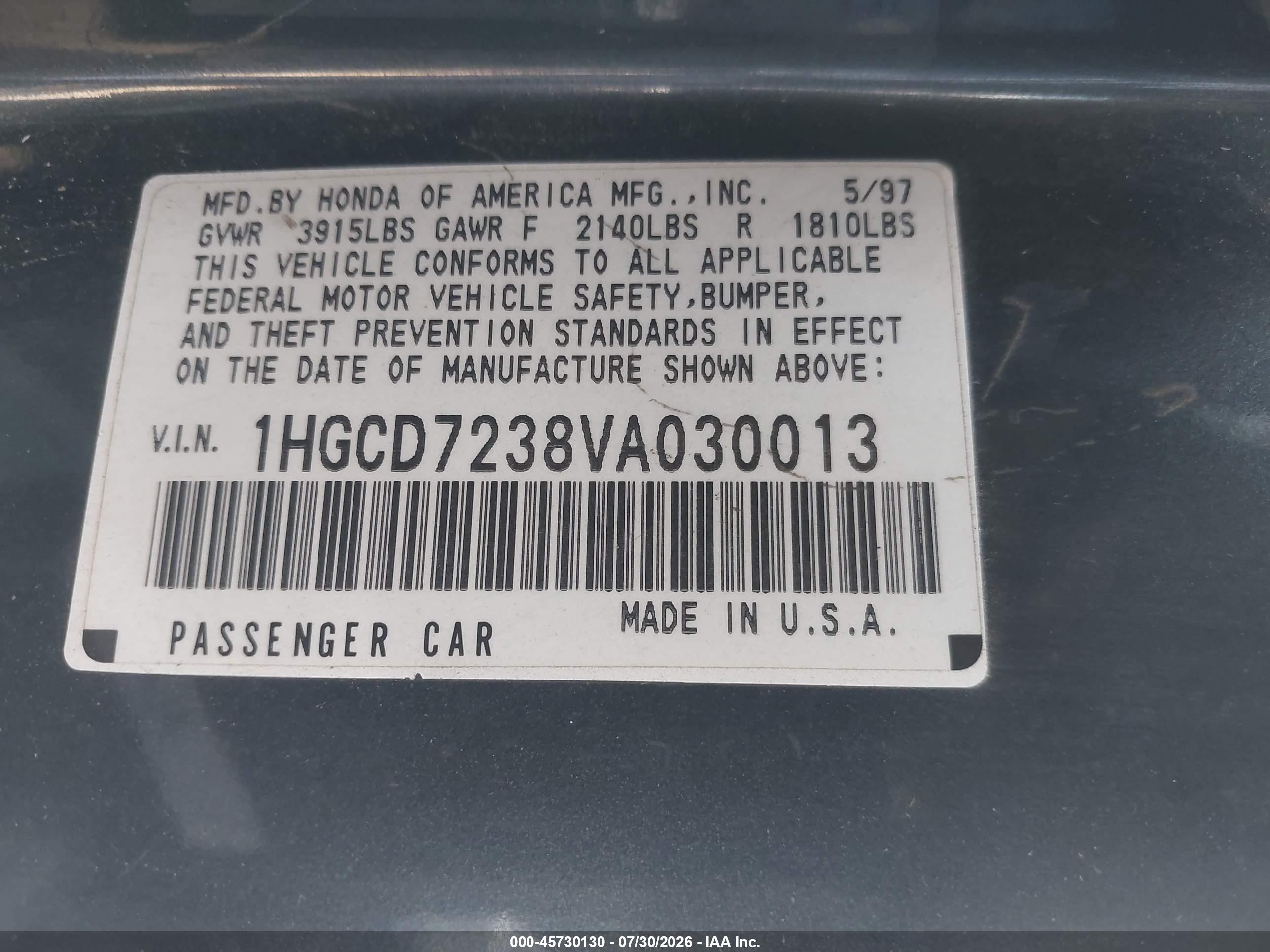 1997 Honda Accord Lx Gray vin: 1HGCD7238VA030013