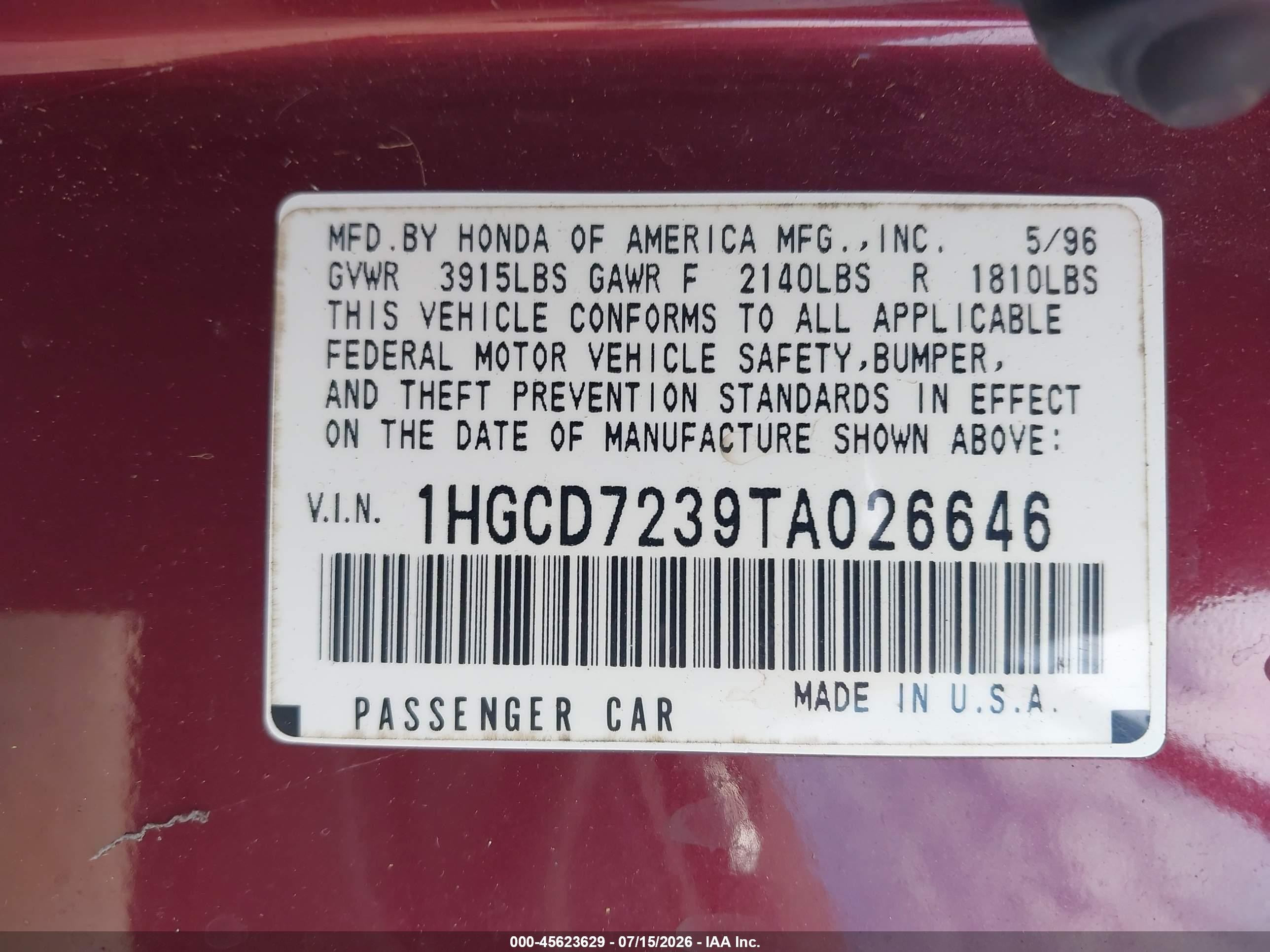1996 Honda Accord Lx Red vin: 1HGCD7239TA026646