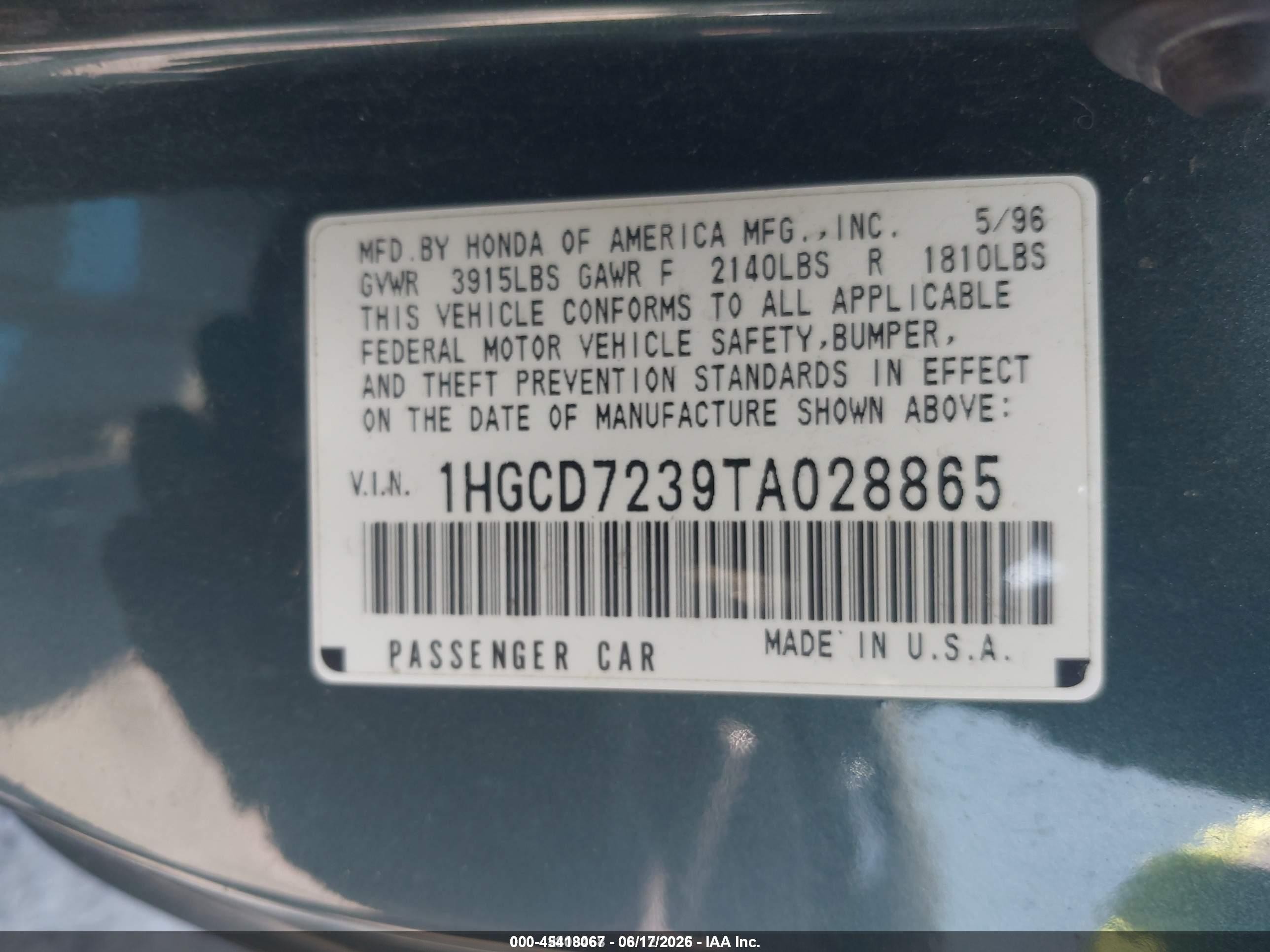 1996 Honda Accord Lx Green vin: 1HGCD7239TA028865