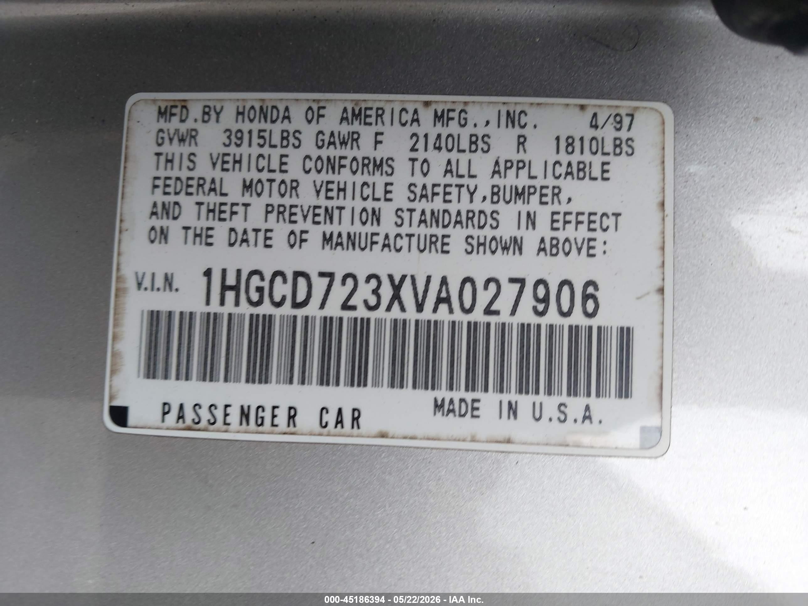 1997 Honda Accord Lx Beige vin: 1HGCD723XVA027906