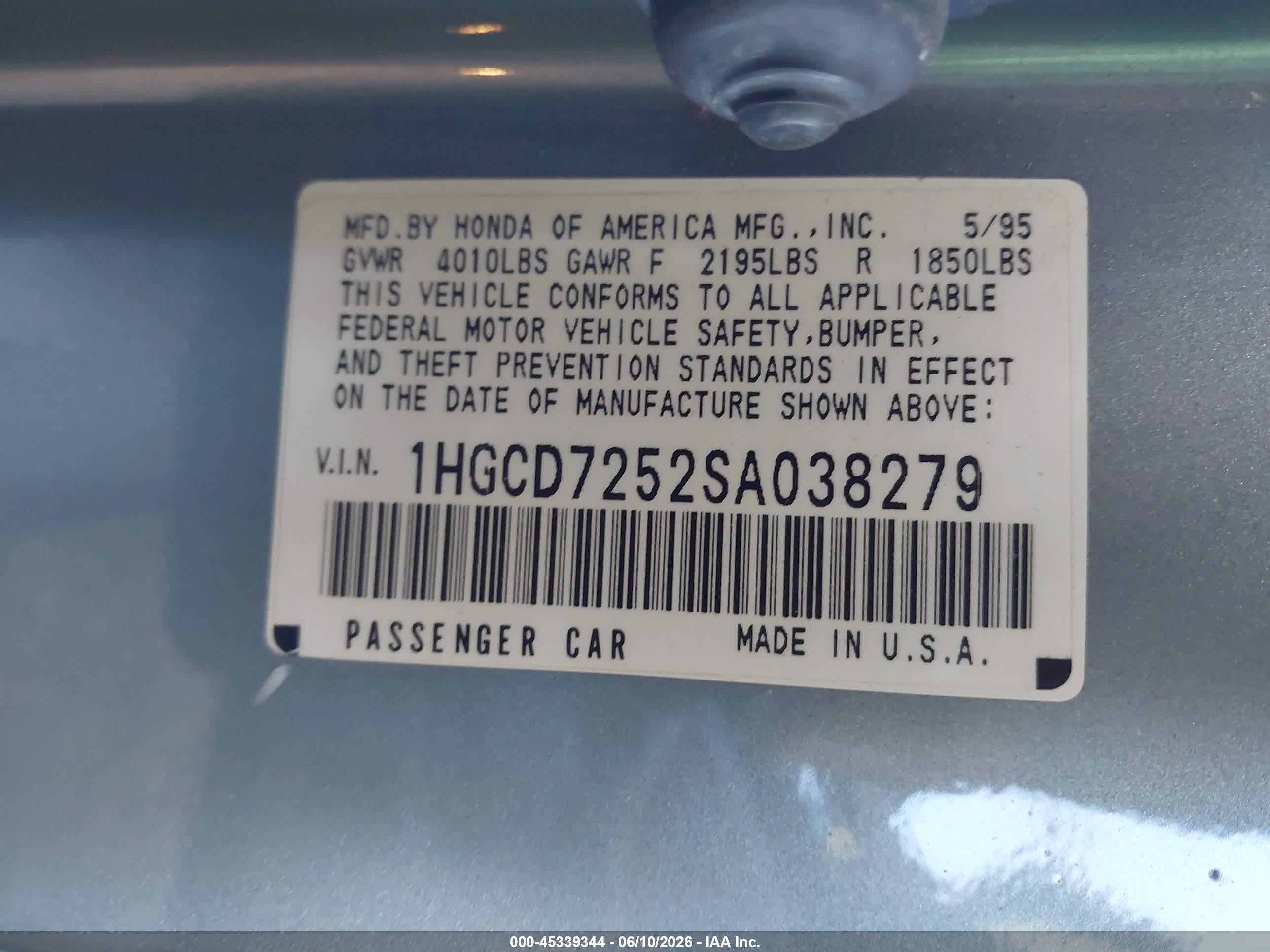 1995 Honda Accord Ex Blue vin: 1HGCD7252SA038279