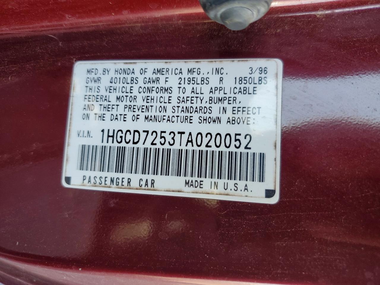 1996 Honda Accord Ex Red vin: 1HGCD7253TA020052