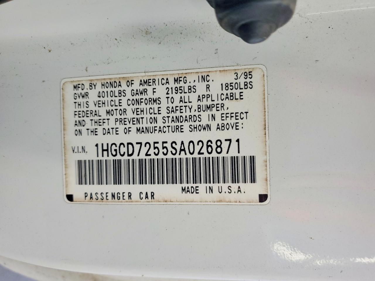1995 Honda Accord Ex Белый vin: 1HGCD7255SA026871