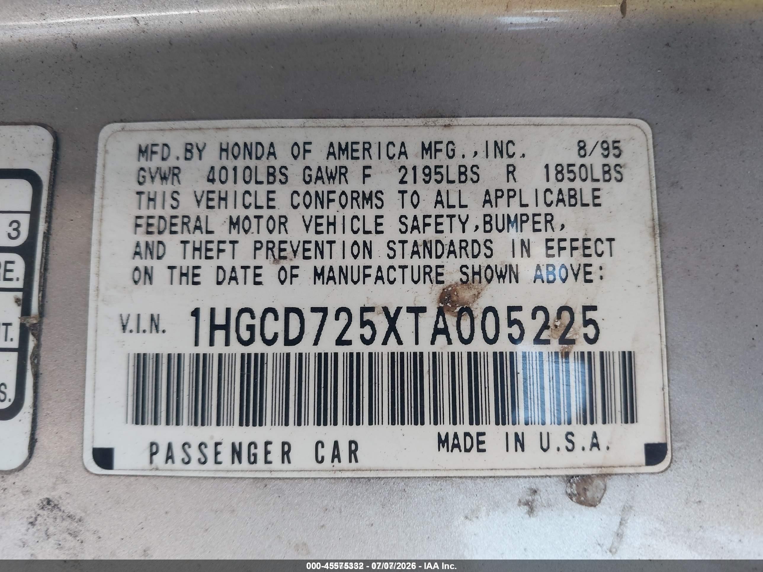 1996 Honda Accord Ex/ex-r Champagne vin: 1HGCD725XTA005225
