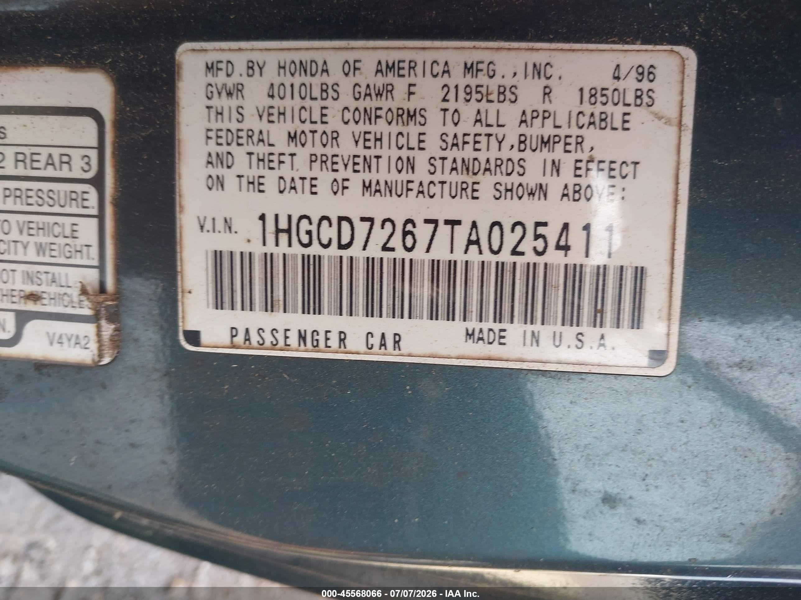 1996 Honda Accord Ex Синий vin: 1HGCD7267TA025411