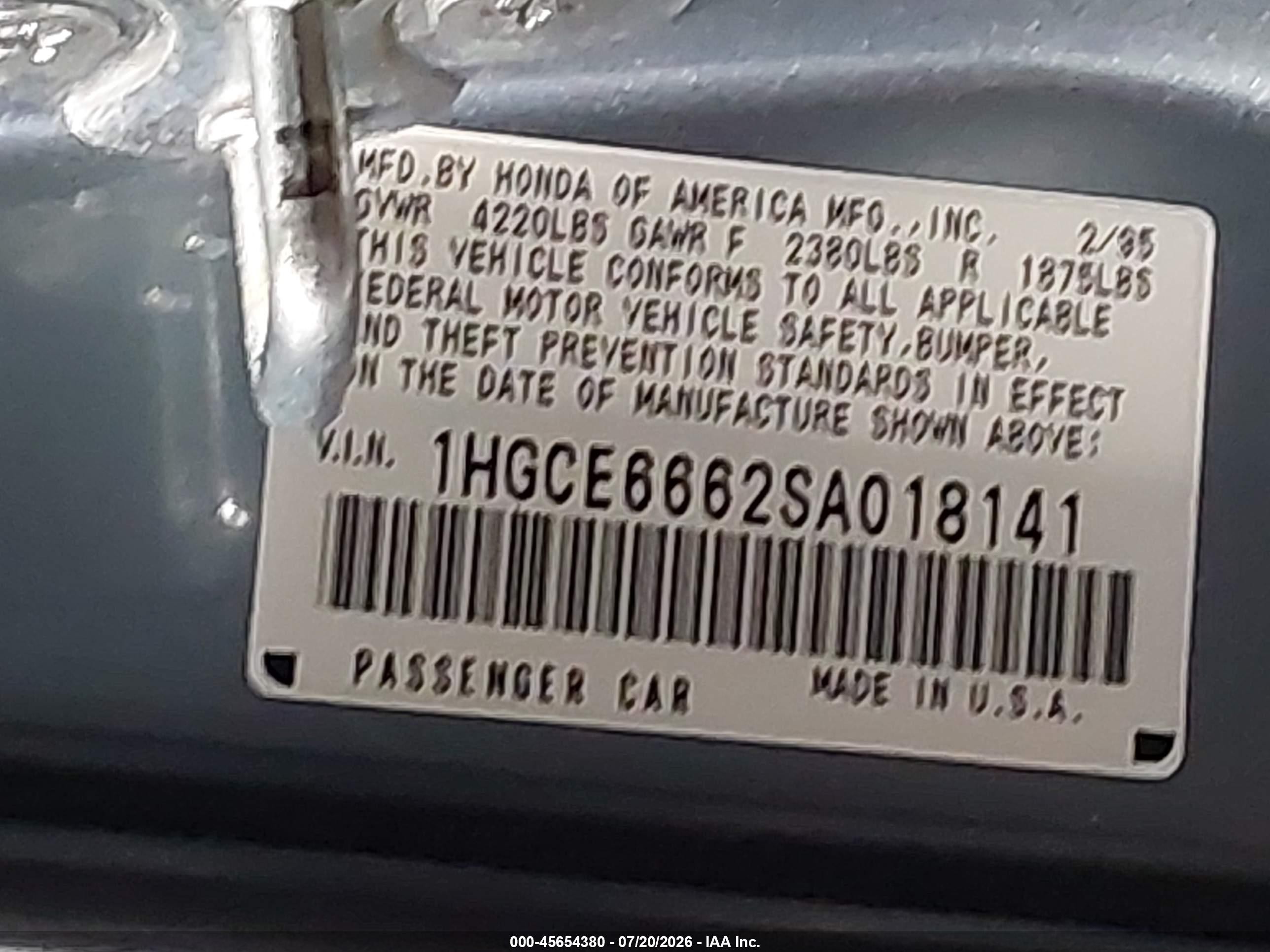 1995 Honda Accord Ex Light Blue vin: 1HGCE6662SA018141