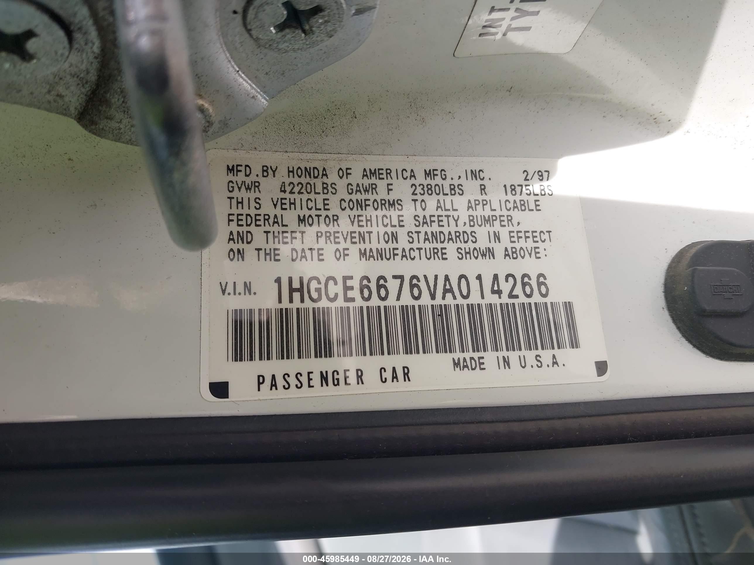 1997 Honda Accord Ex V6 White vin: 1HGCE6676VA014266