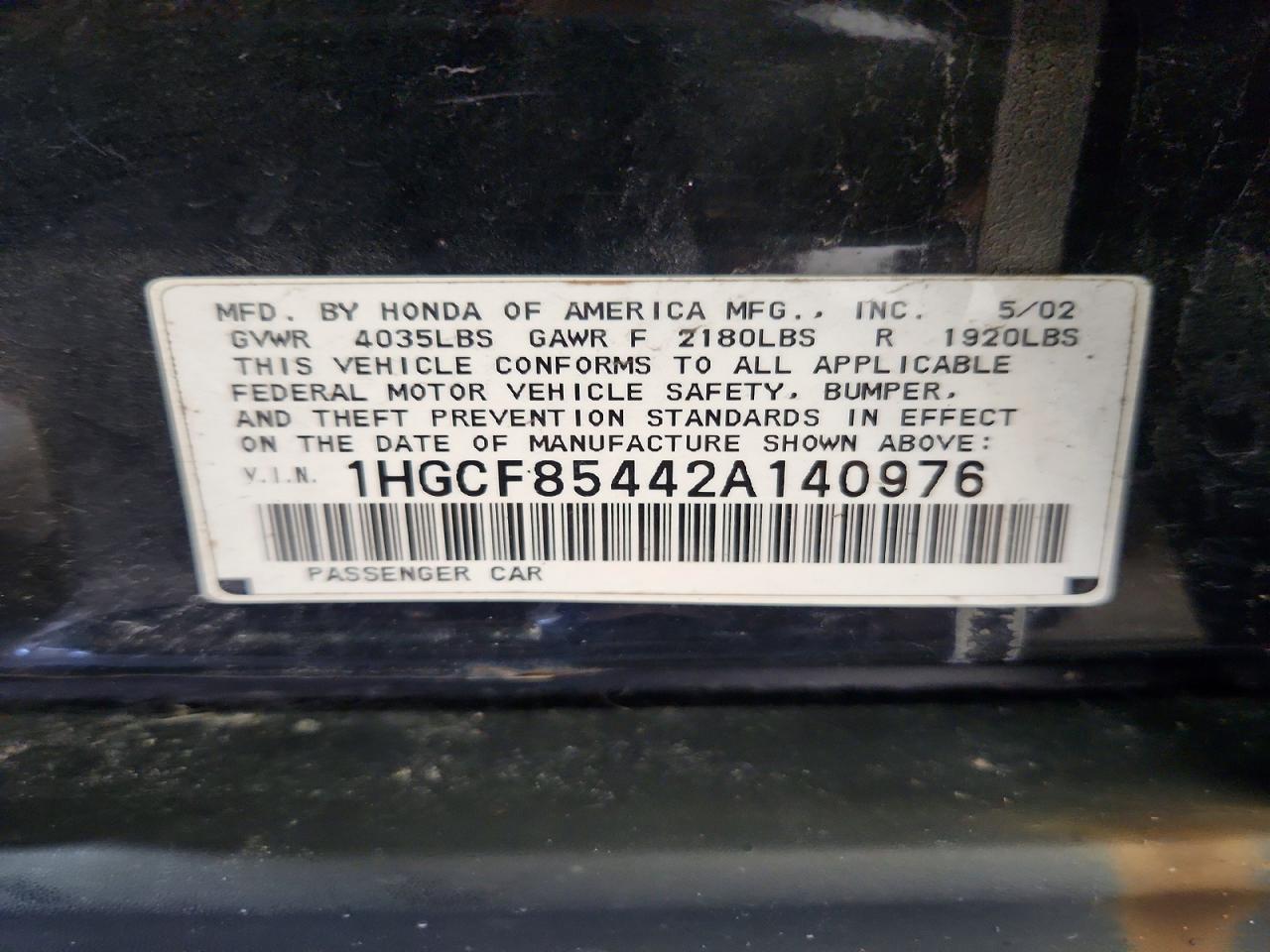 2002 Honda Accord Dx Black vin: 1HGCF85442A140976