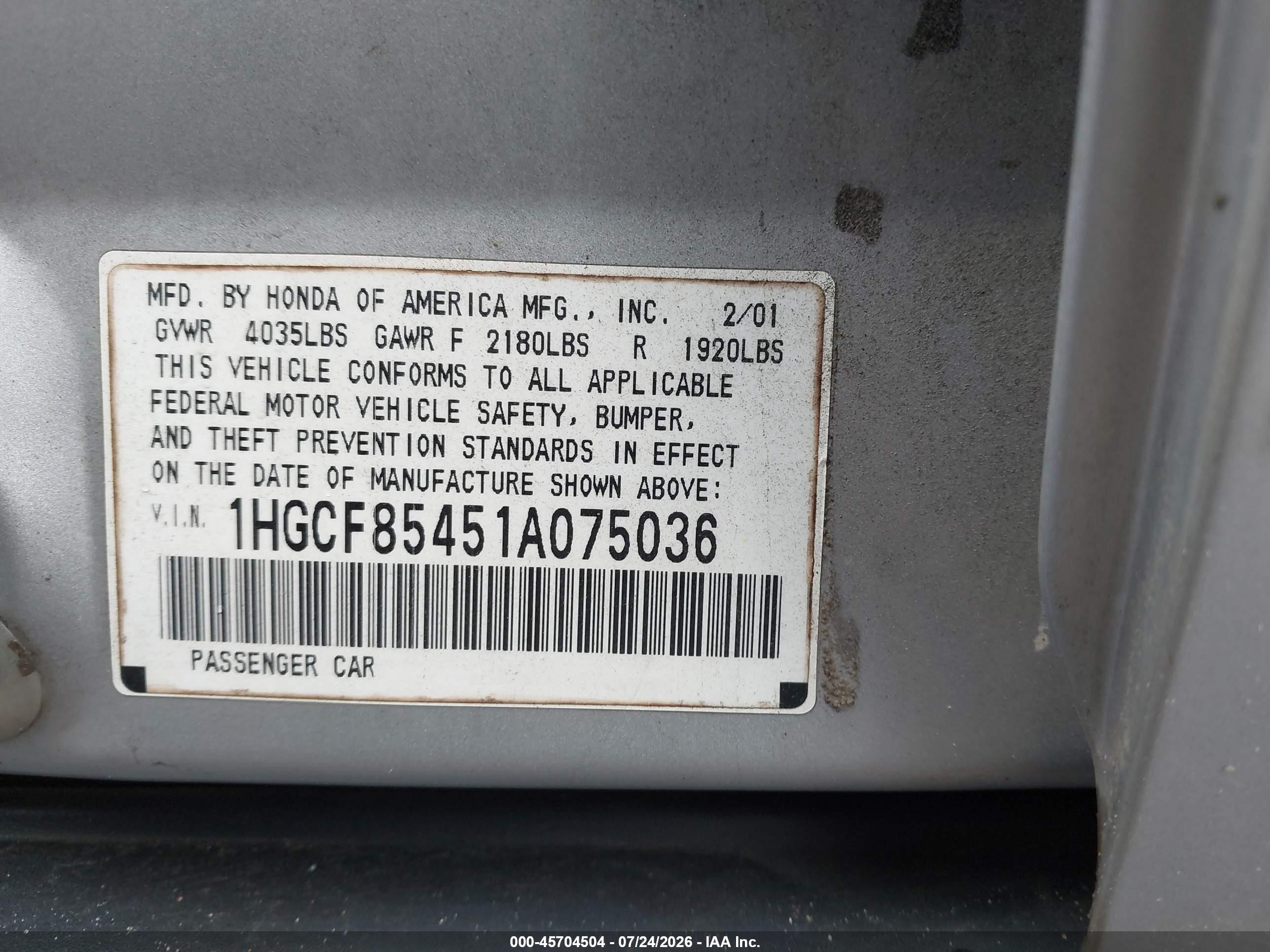 2001 Honda Accord 2.3 Dx Silver vin: 1HGCF85451A075036