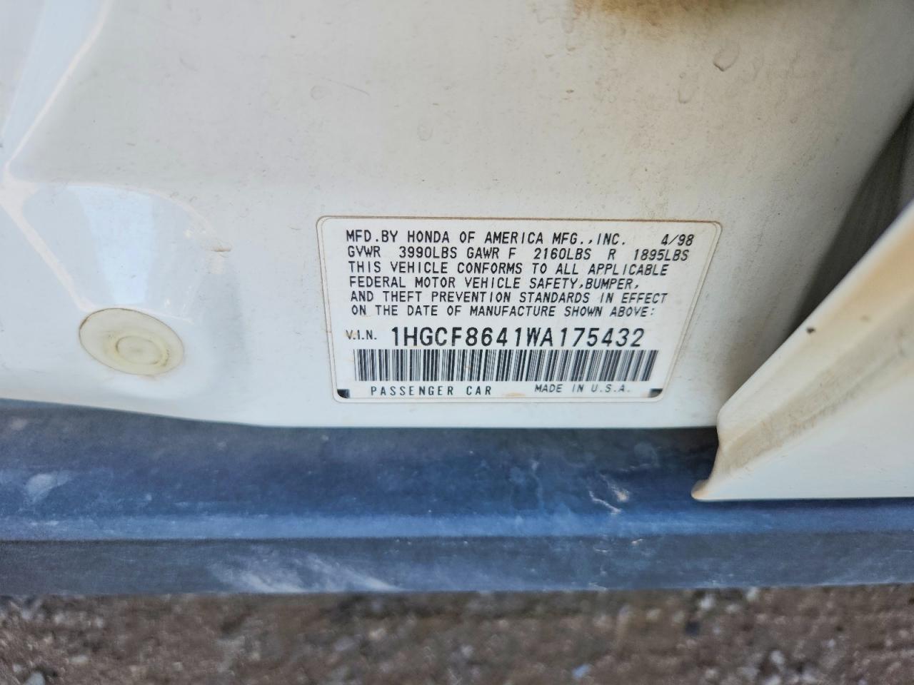 1998 Honda Accord Dx White vin: 1HGCF8641WA175432