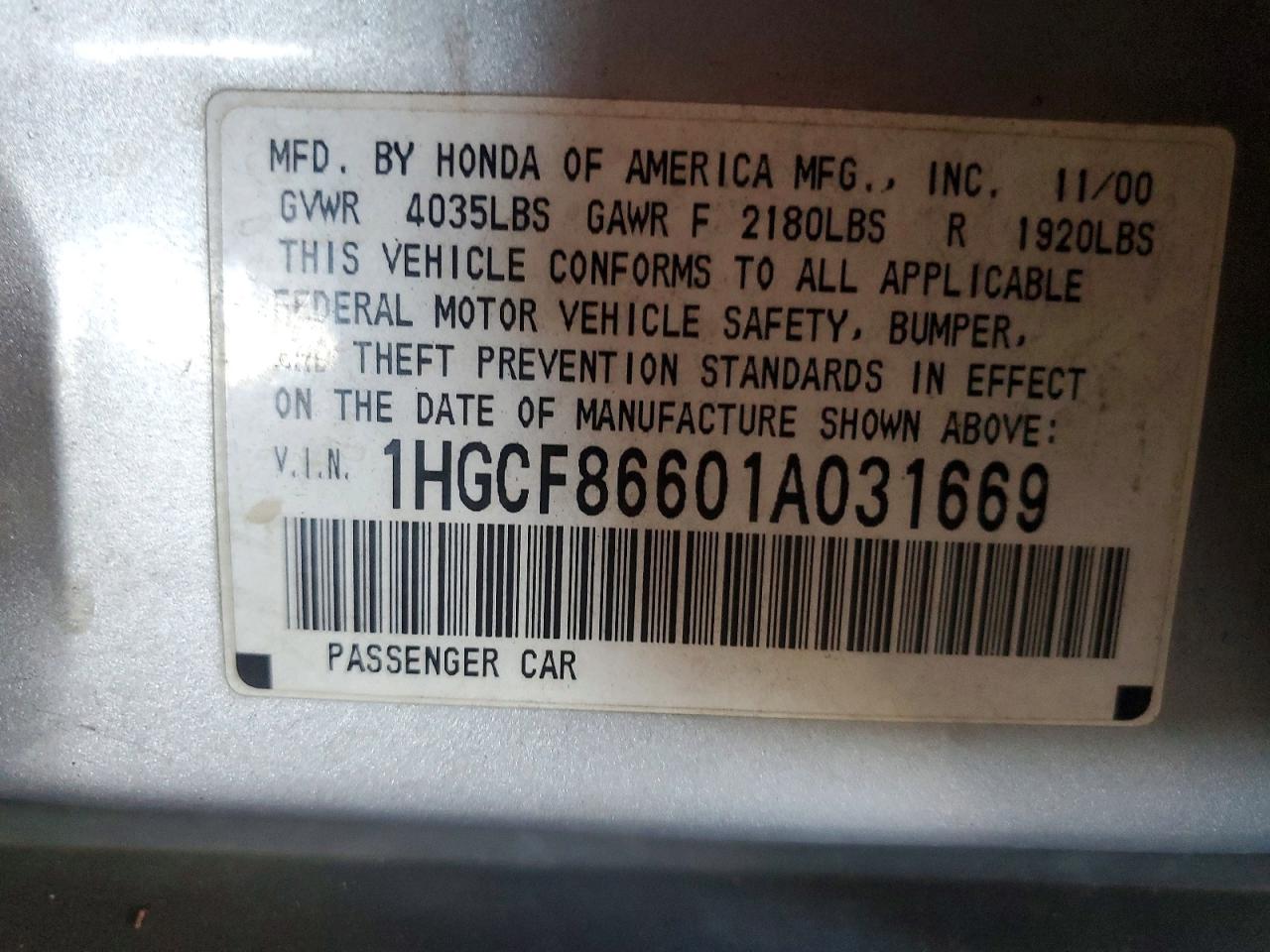 2001 Honda Accord Lx Silver vin: 1HGCF86601A031669