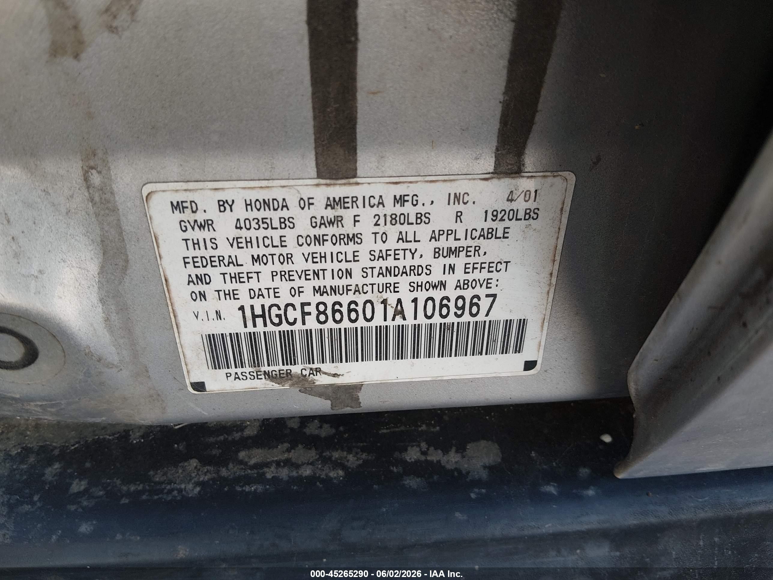 2001 Honda Accord Value Package Silver vin: 1HGCF86601A106967