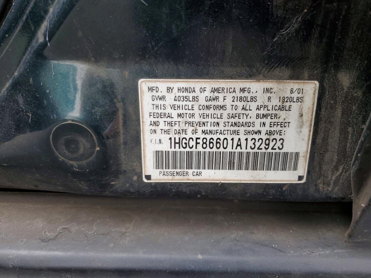 2001 Honda Accord Value Green vin: 1HGCF86601A132923