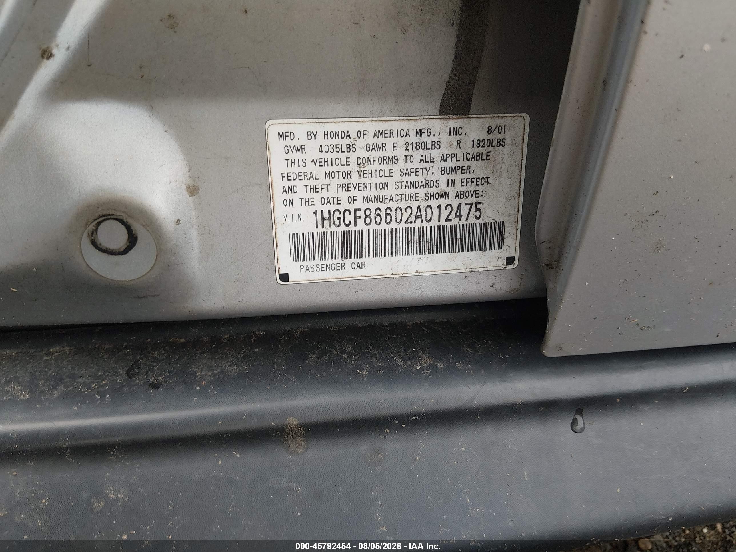 2002 Honda Accord 2.3 Vp Silver vin: 1HGCF86602A012475