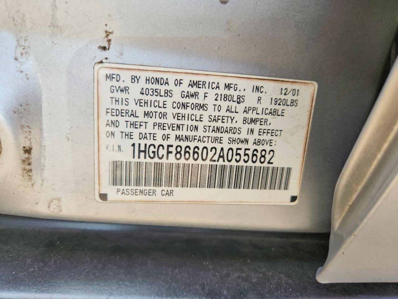 2002 Honda Accord Value Серебряный vin: 1HGCF86602A055682