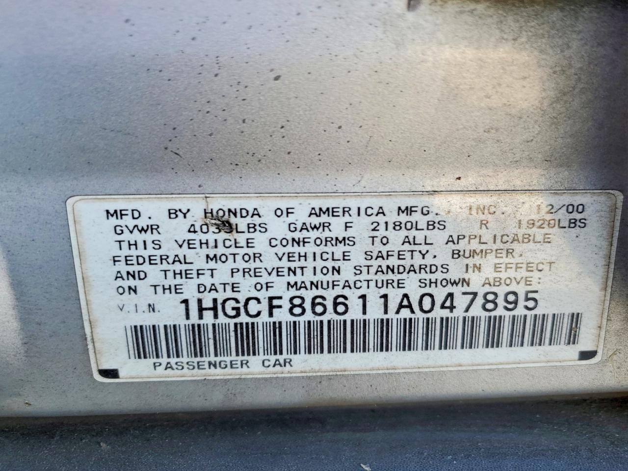 2001 Honda Accord Value Silver vin: 1HGCF86611A047895