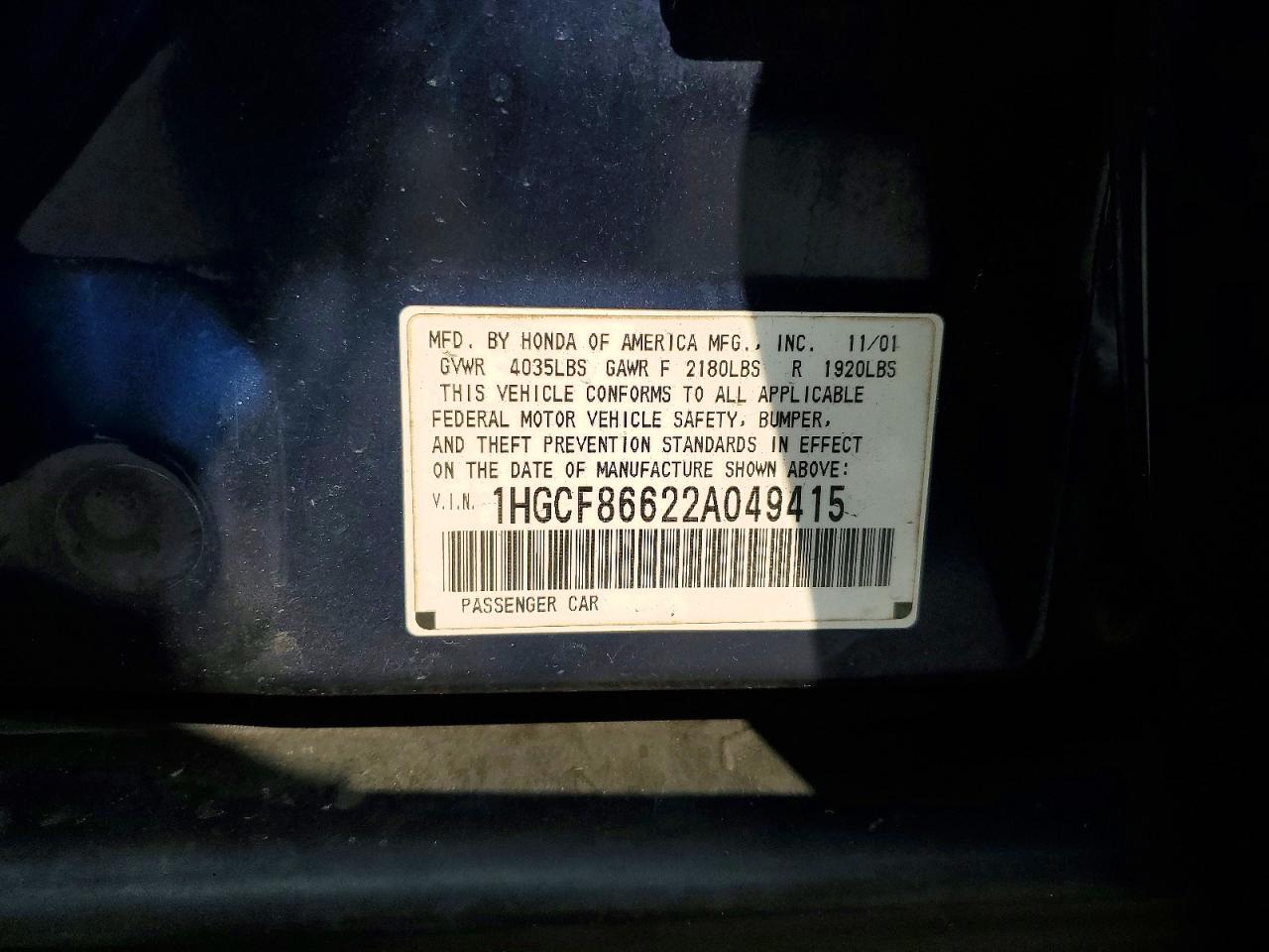 2002 Honda Accord Value Blue vin: 1HGCF86622A049415