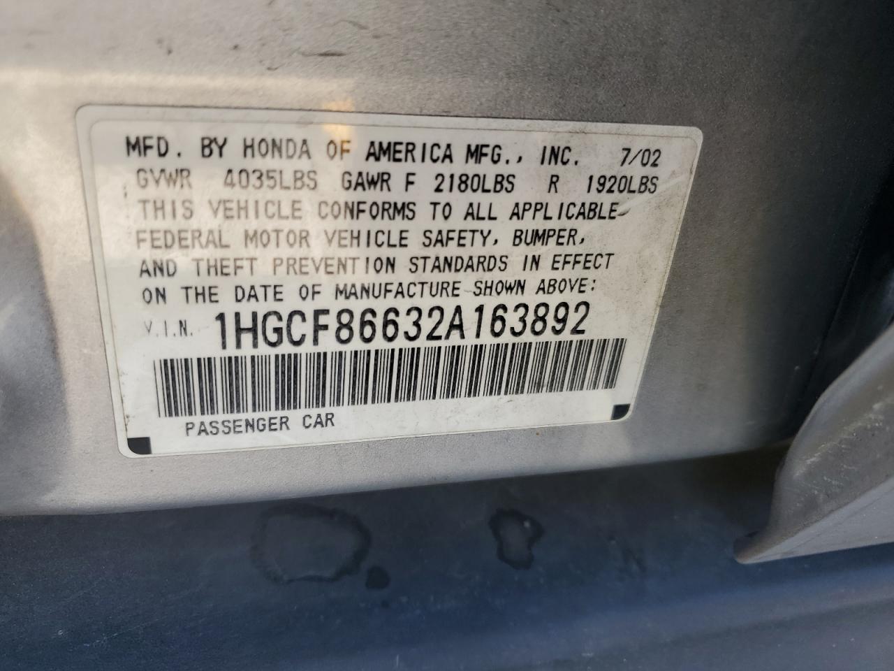 2002 Honda Accord Value Silver vin: 1HGCF86632A163892