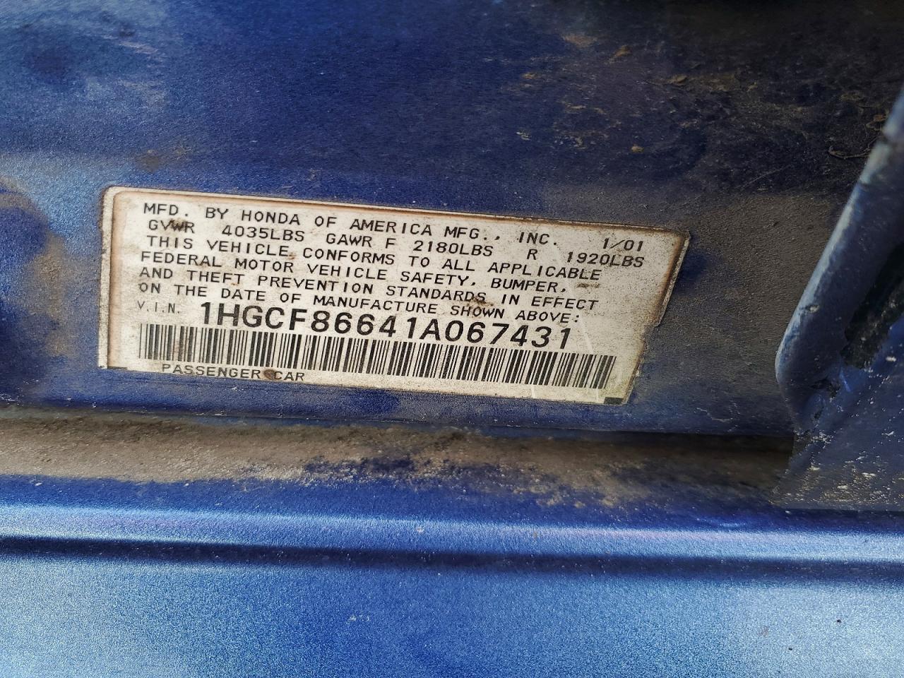 2001 Honda Accord Value Blue vin: 1HGCF86641A067431