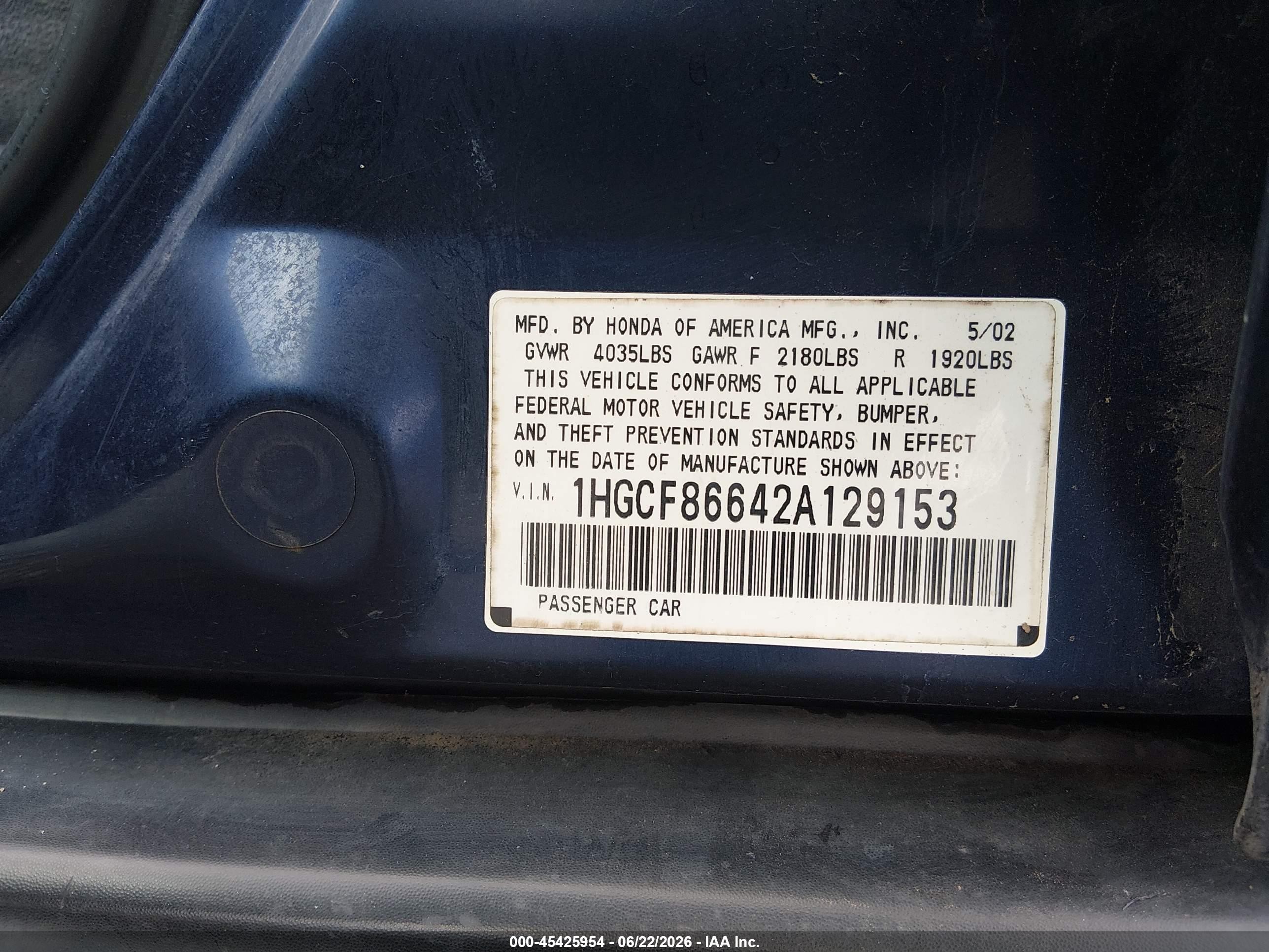 2002 Honda Accord 2.3 Vp Blue vin: 1HGCF86642A129153