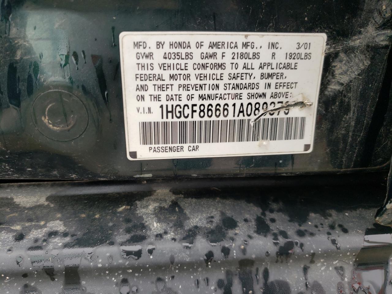 2001 Honda Accord Value Green vin: 1HGCF86661A089379