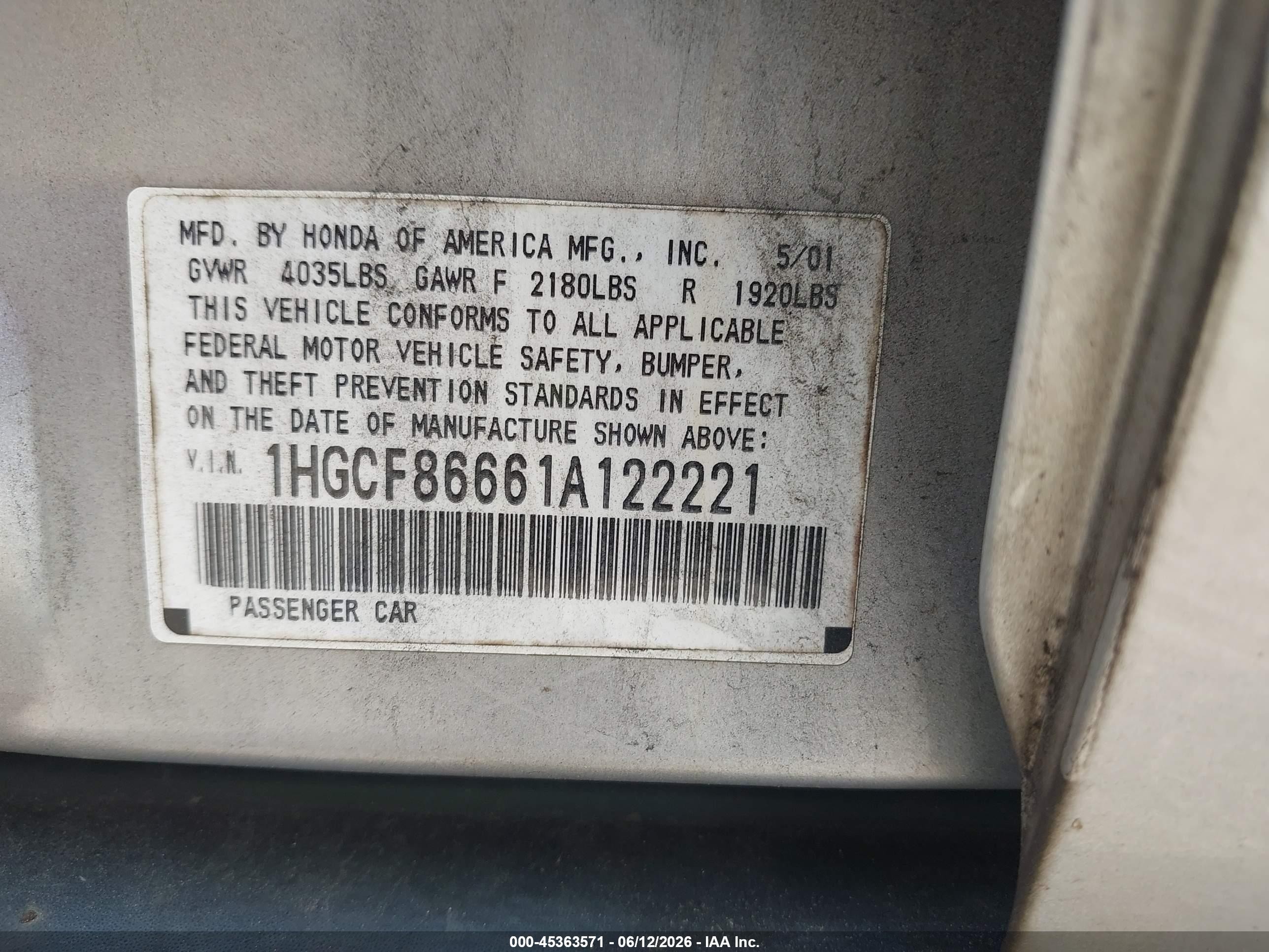 2001 Honda Accord Value Package Silver vin: 1HGCF86661A122221