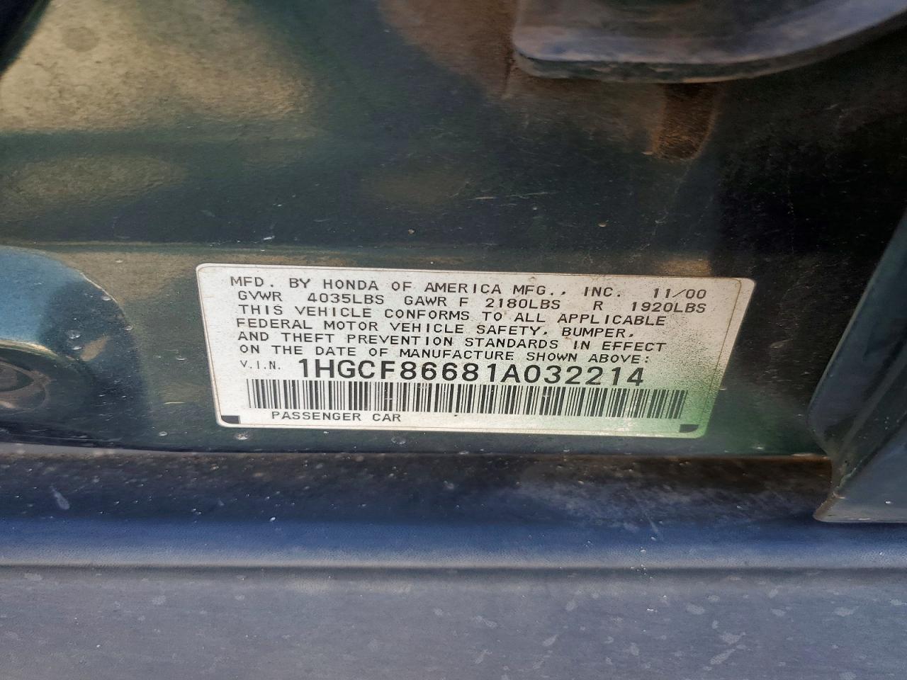 2001 Honda Accord Value Green vin: 1HGCF86681A032214