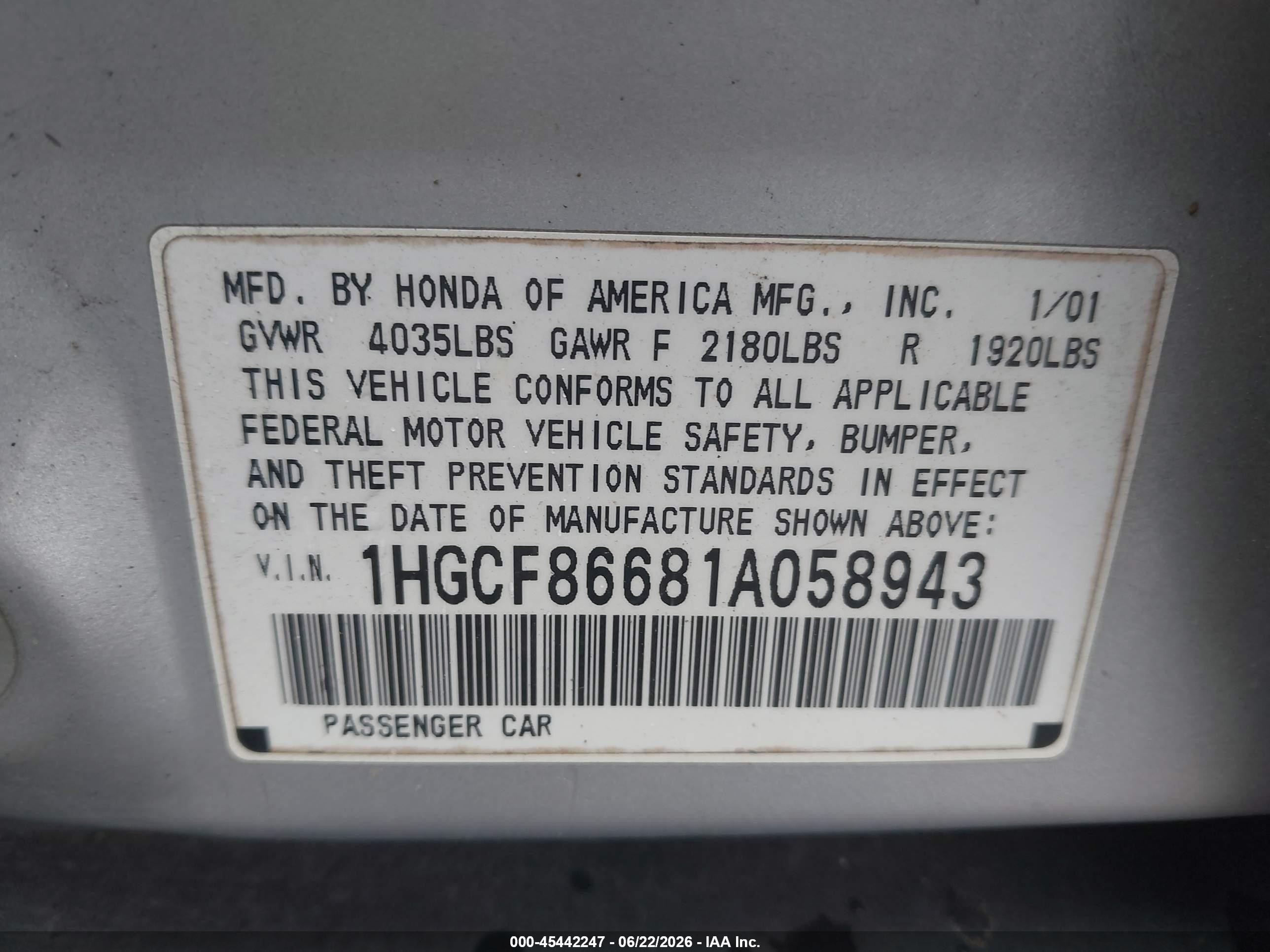 2001 Honda Accord Value Package Silver vin: 1HGCF86681A058943