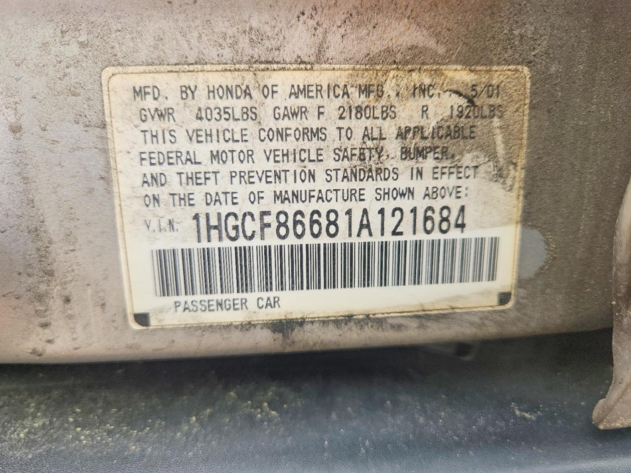 2001 Honda Accord Value Silver vin: 1HGCF86681A121684