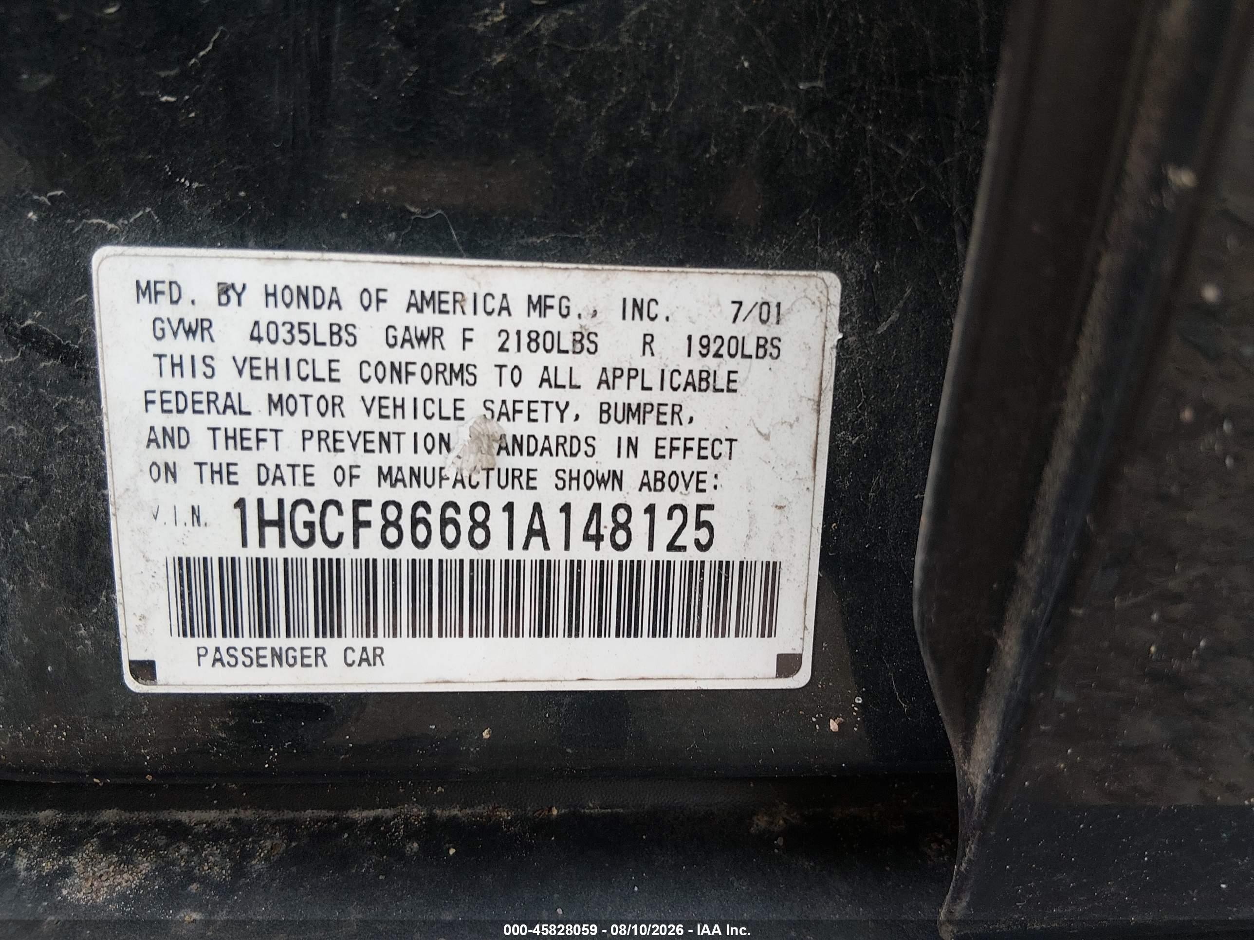 2001 Honda Accord Value Package Green vin: 1HGCF86681A148125