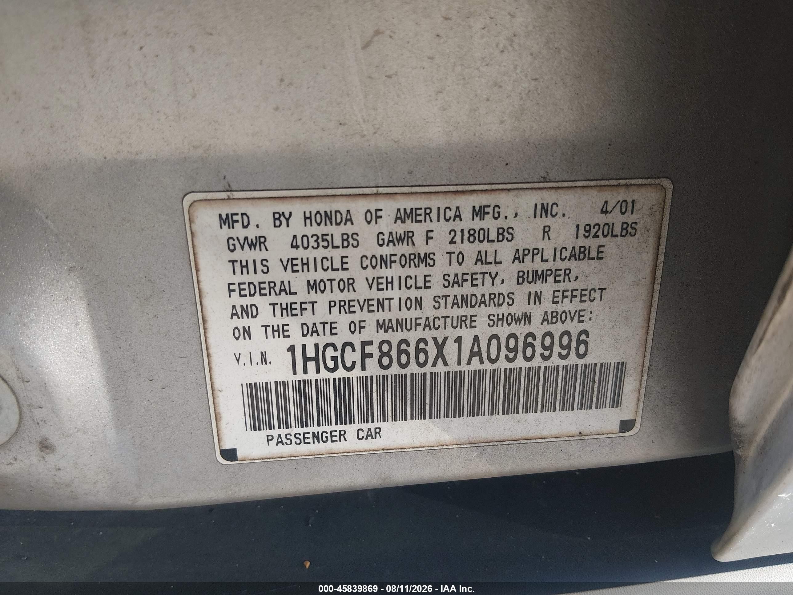 2001 Honda Accord Value Package Silver vin: 1HGCF866X1A096996