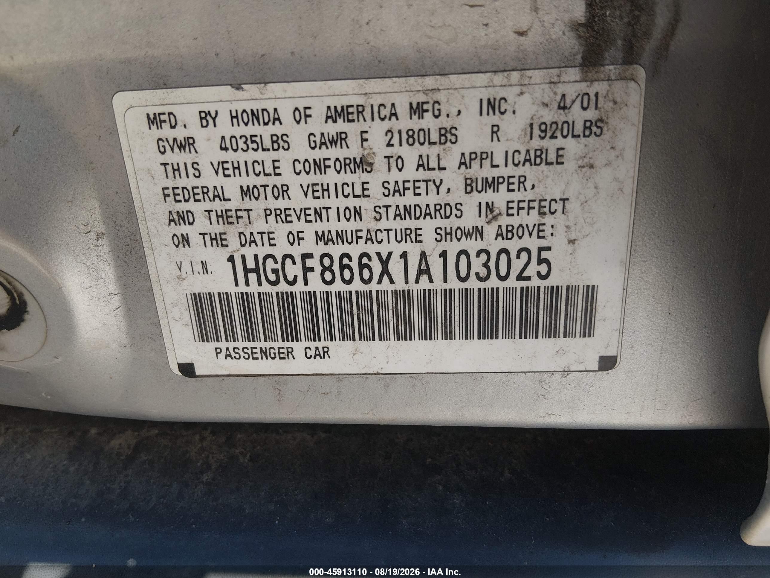 2001 Honda Accord Value Package Серебряный vin: 1HGCF866X1A103025