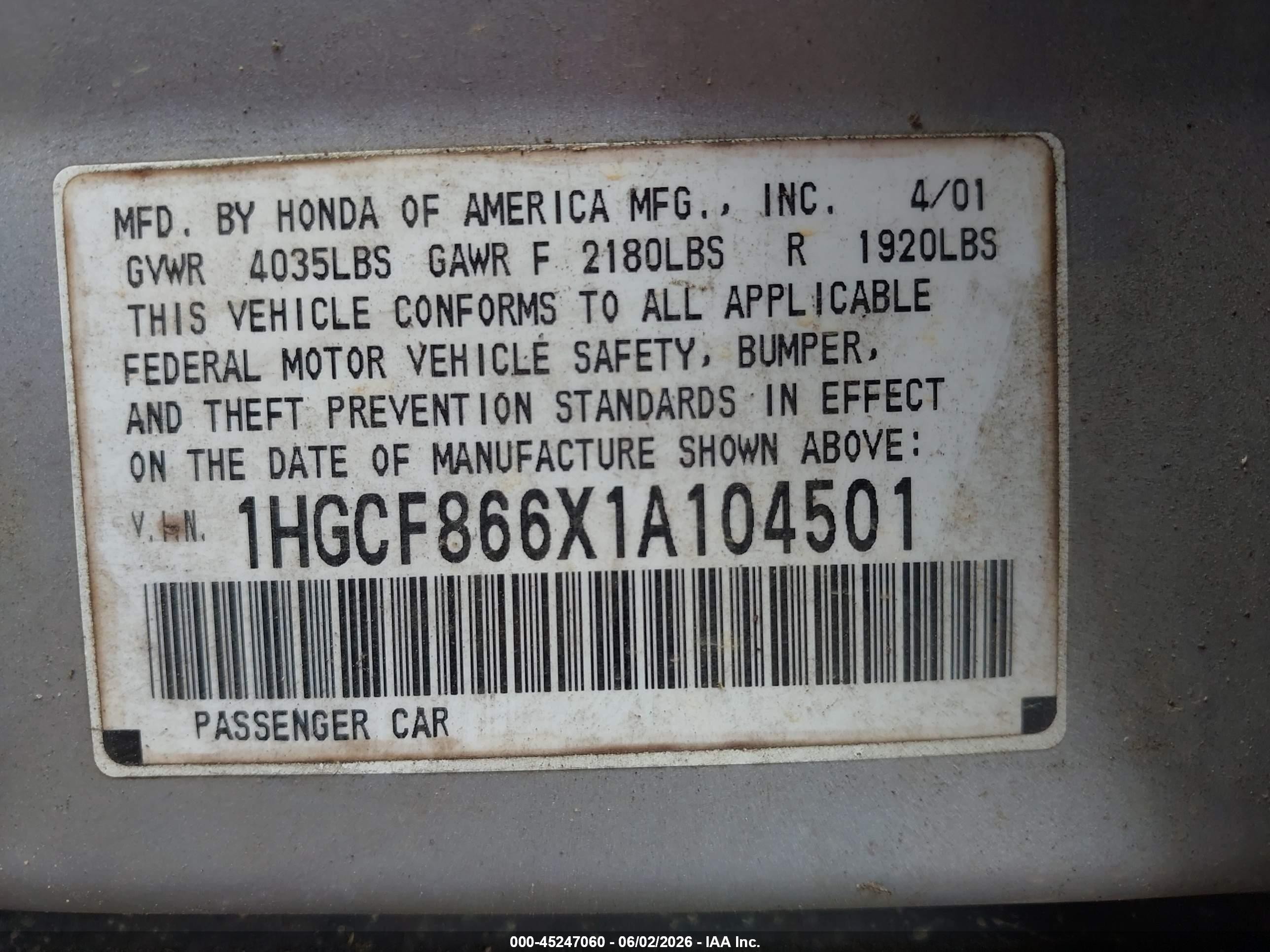 2001 Honda Accord Value Package Silver vin: 1HGCF866X1A104501