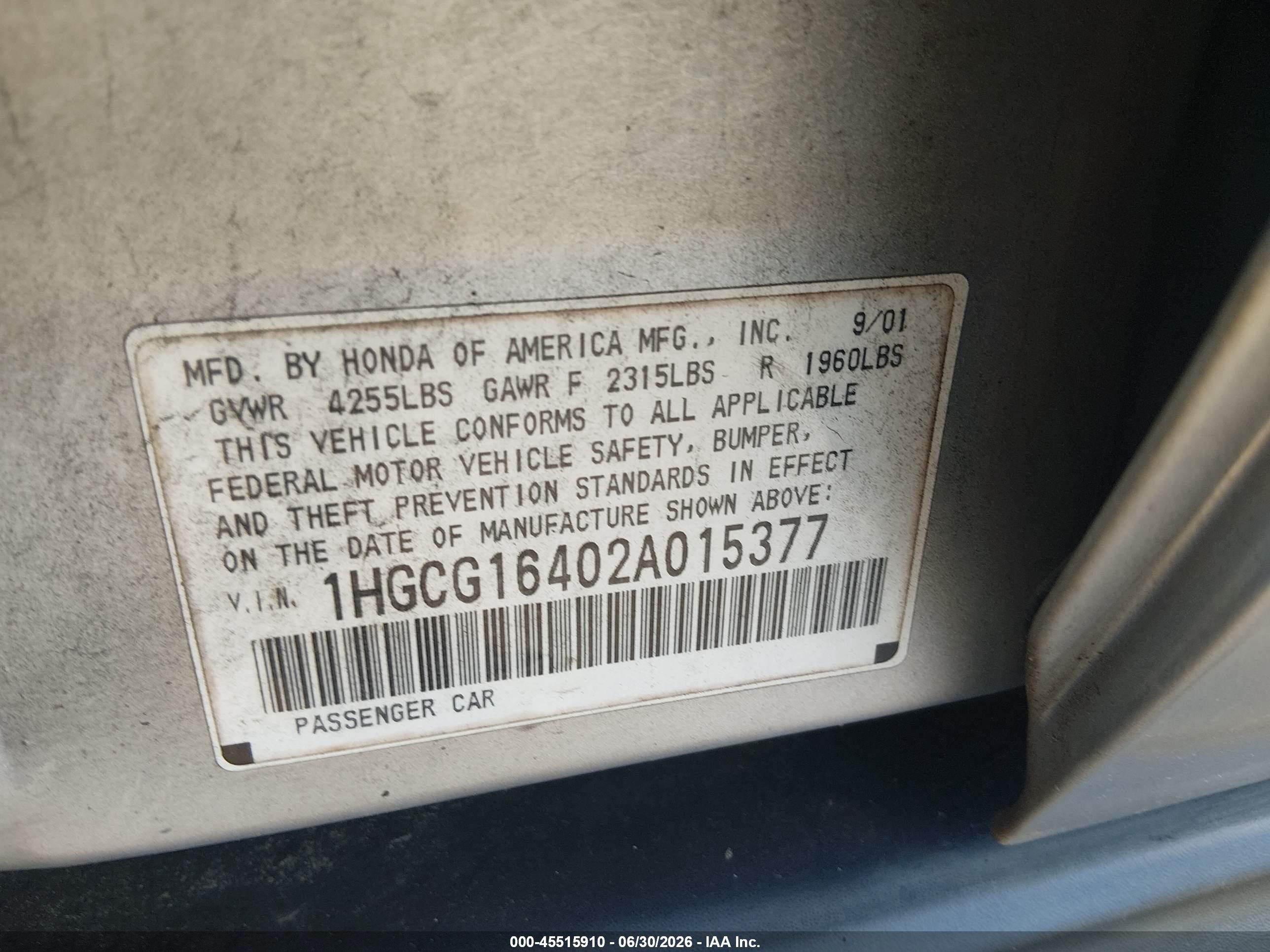 2002 Honda Accord 3.0 Lx Серебряный vin: 1HGCG16402A015377