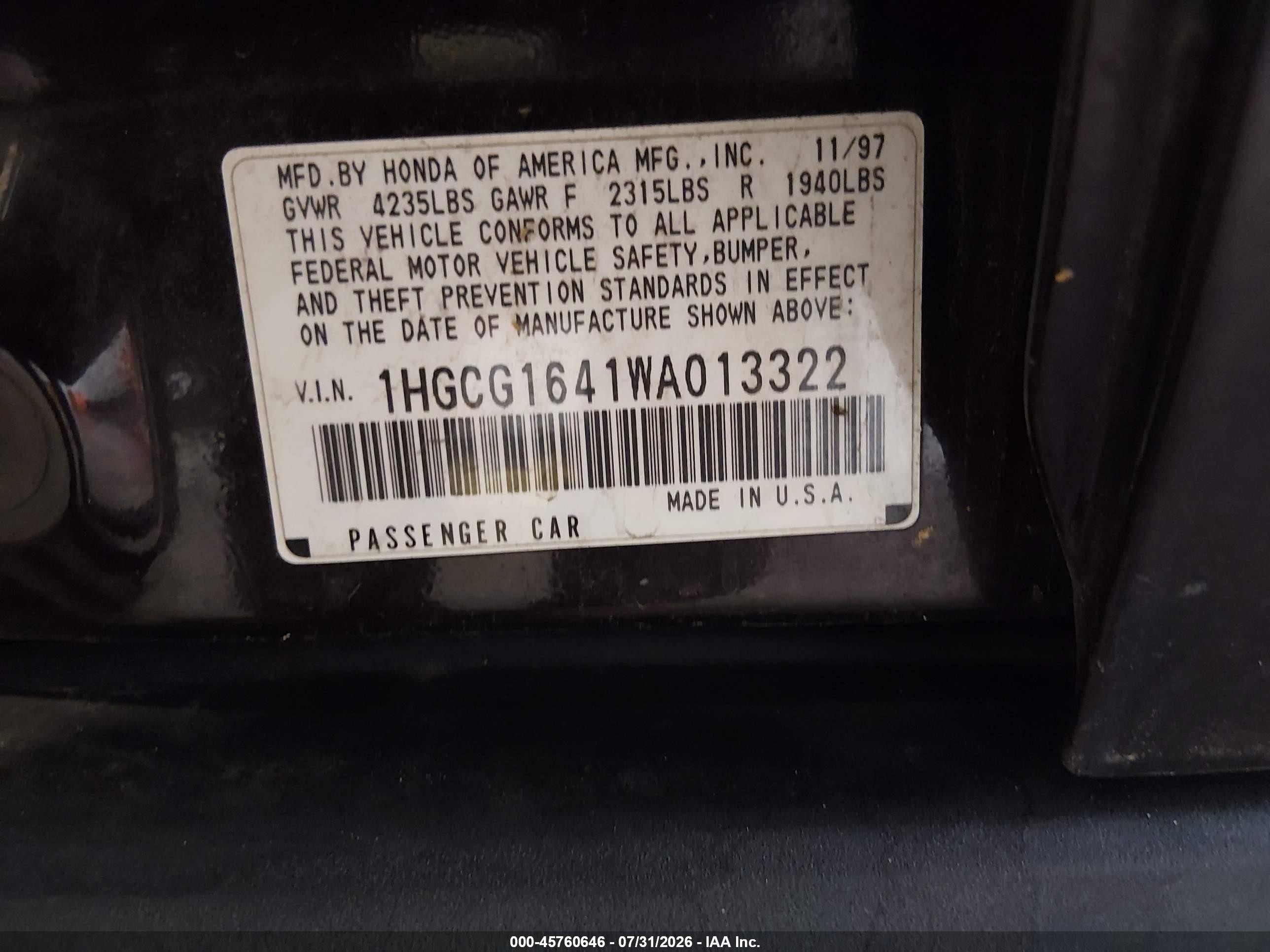 1998 Honda Accord Lx V6 Purple vin: 1HGCG1641WA013322