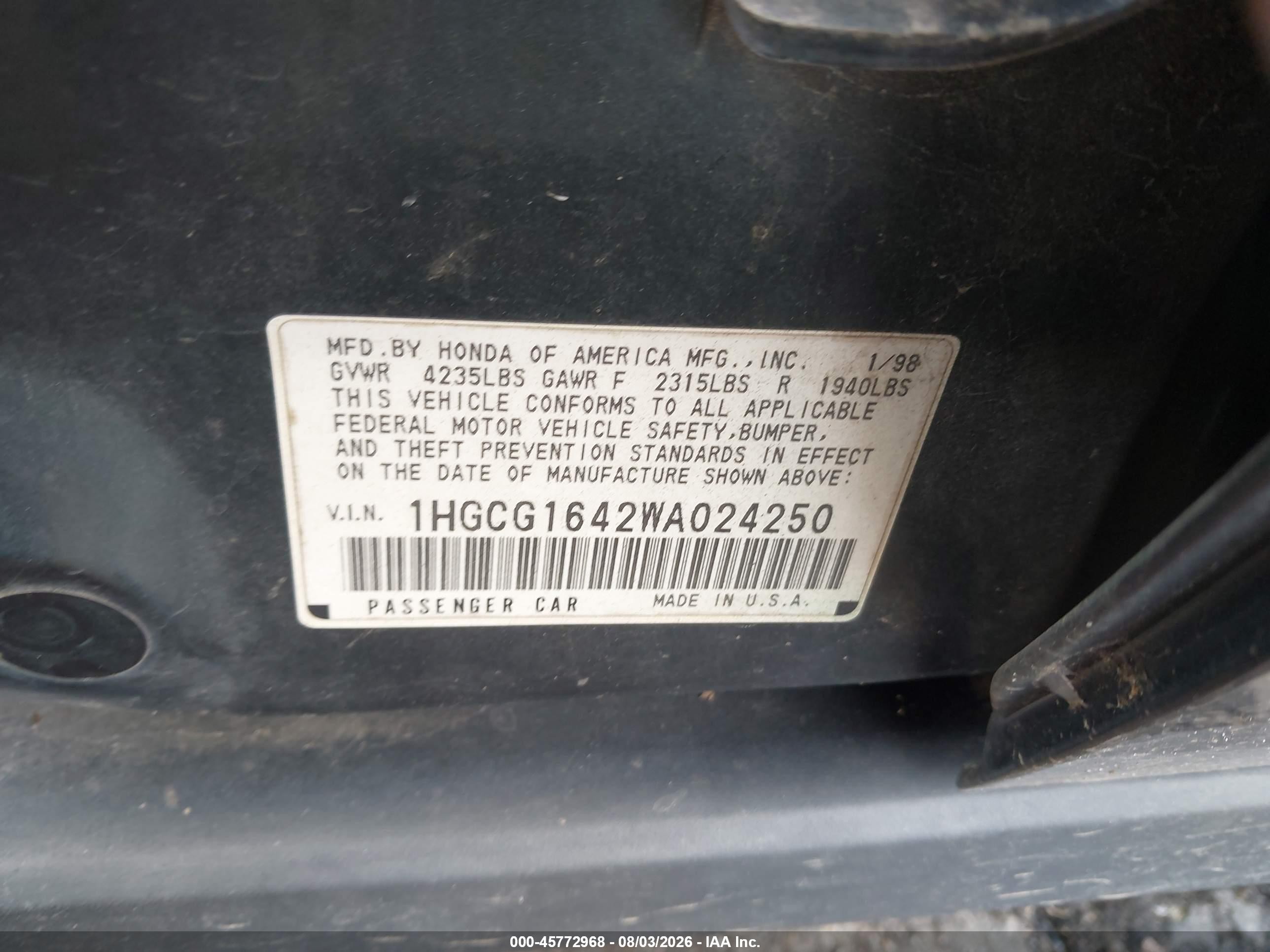 1998 Honda Accord Lx V6 Green vin: 1HGCG1642WA024250