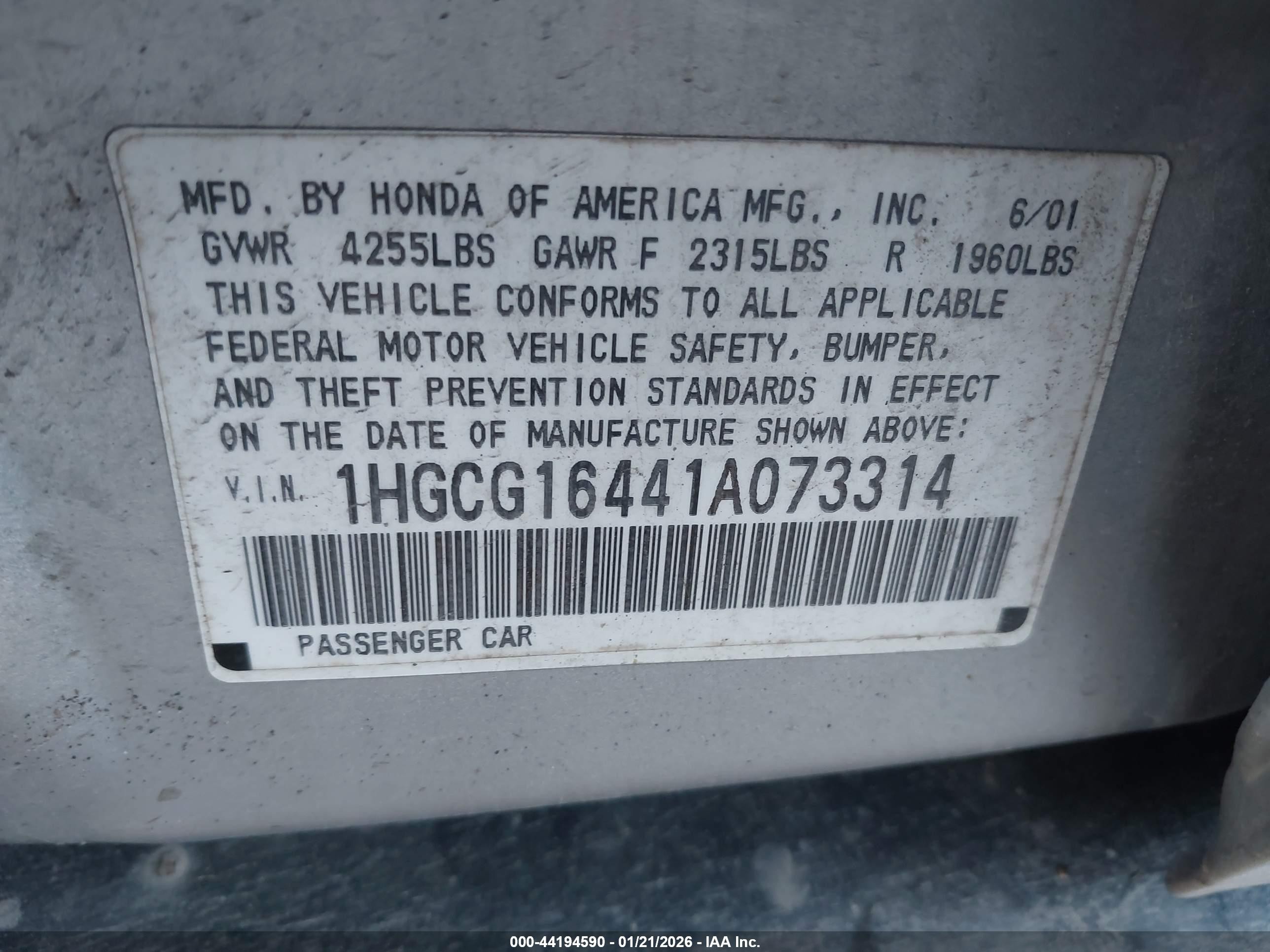 2001 Honda Accord 3.0 Lx Серебряный vin: 1HGCG16441A073314