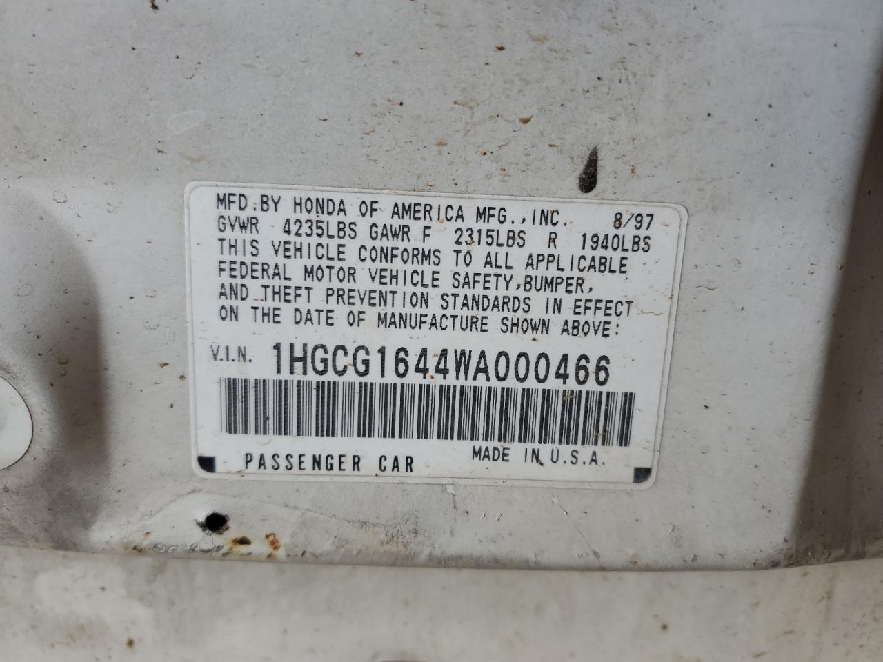 1998 Honda Accord Lx White vin: 1HGCG1644WA000466