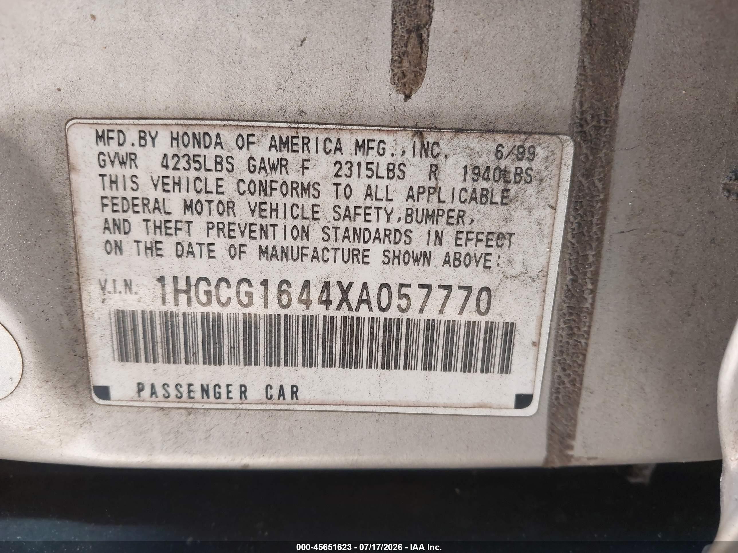 1999 Honda Accord Lx V6 Champagne vin: 1HGCG1644XA057770
