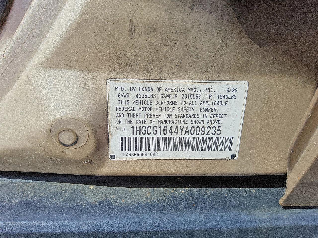 2000 Honda Accord Lx Tan vin: 1HGCG1644YA009235