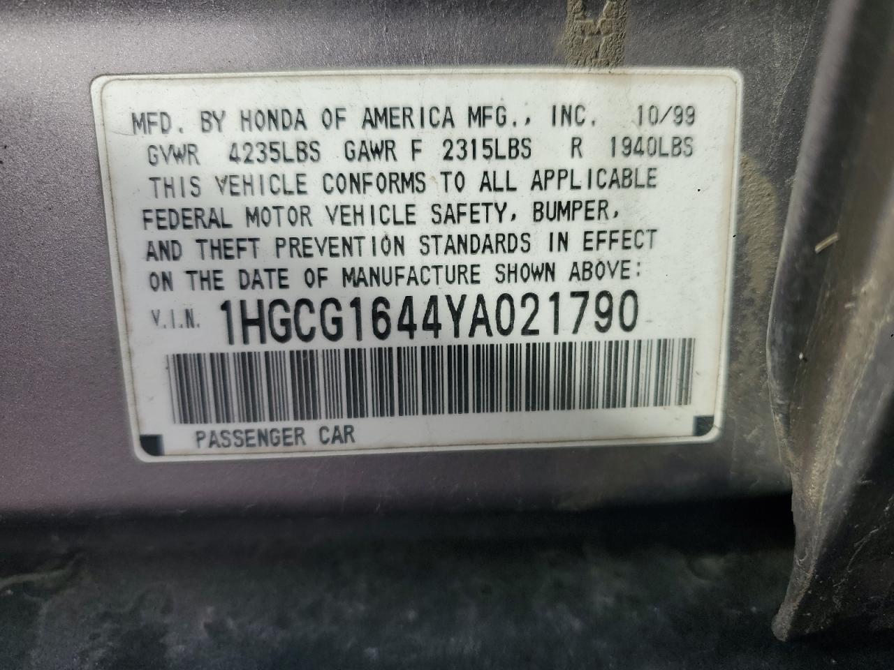 2000 Honda Accord Lx Tan vin: 1HGCG1644YA021790