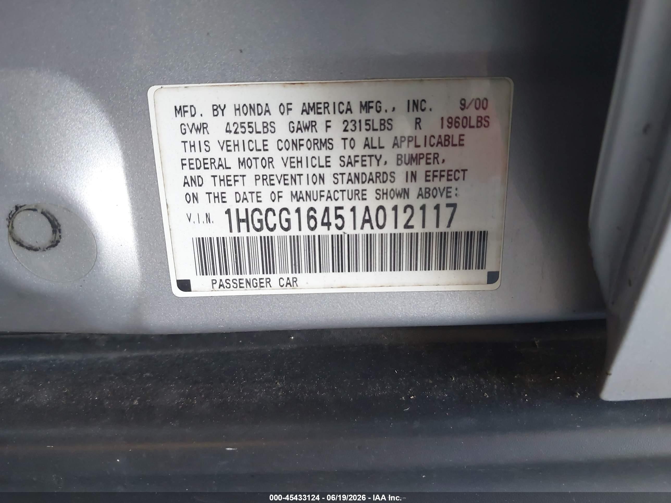 2001 Honda Accord 3.0 Lx Silver vin: 1HGCG16451A012117