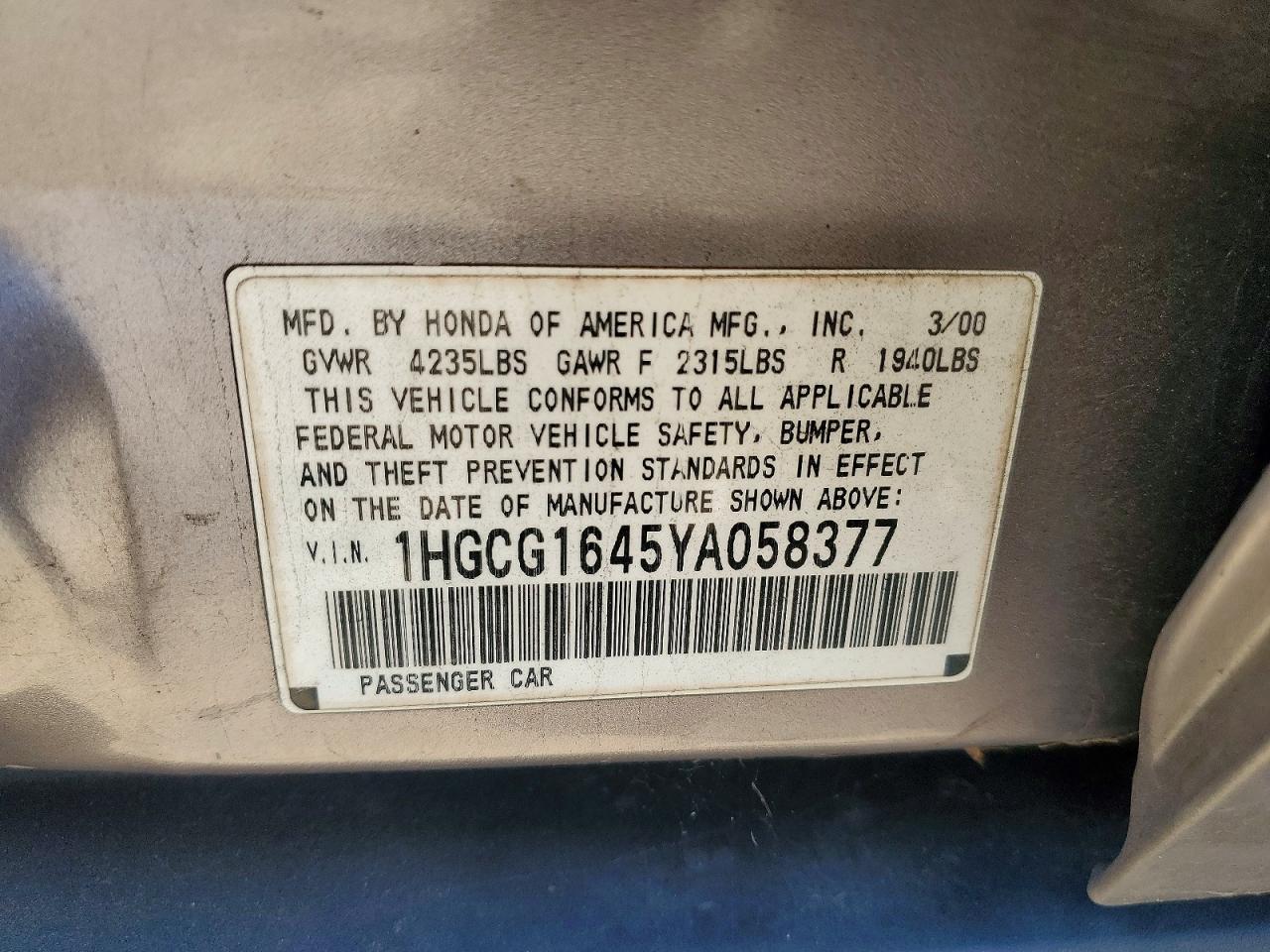 2000 Honda Accord Lx Gray vin: 1HGCG1645YA058377